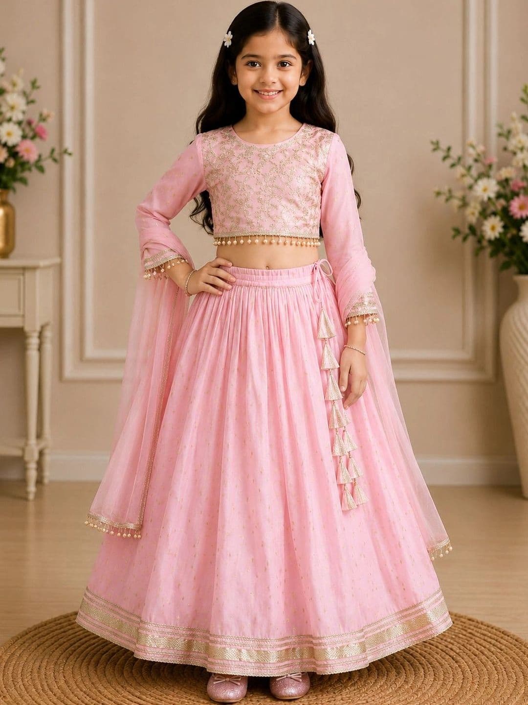 KALINI Girls Embellished Mirror Work Ready to Wear Lehenga & Blouse With Dupatta - view 1