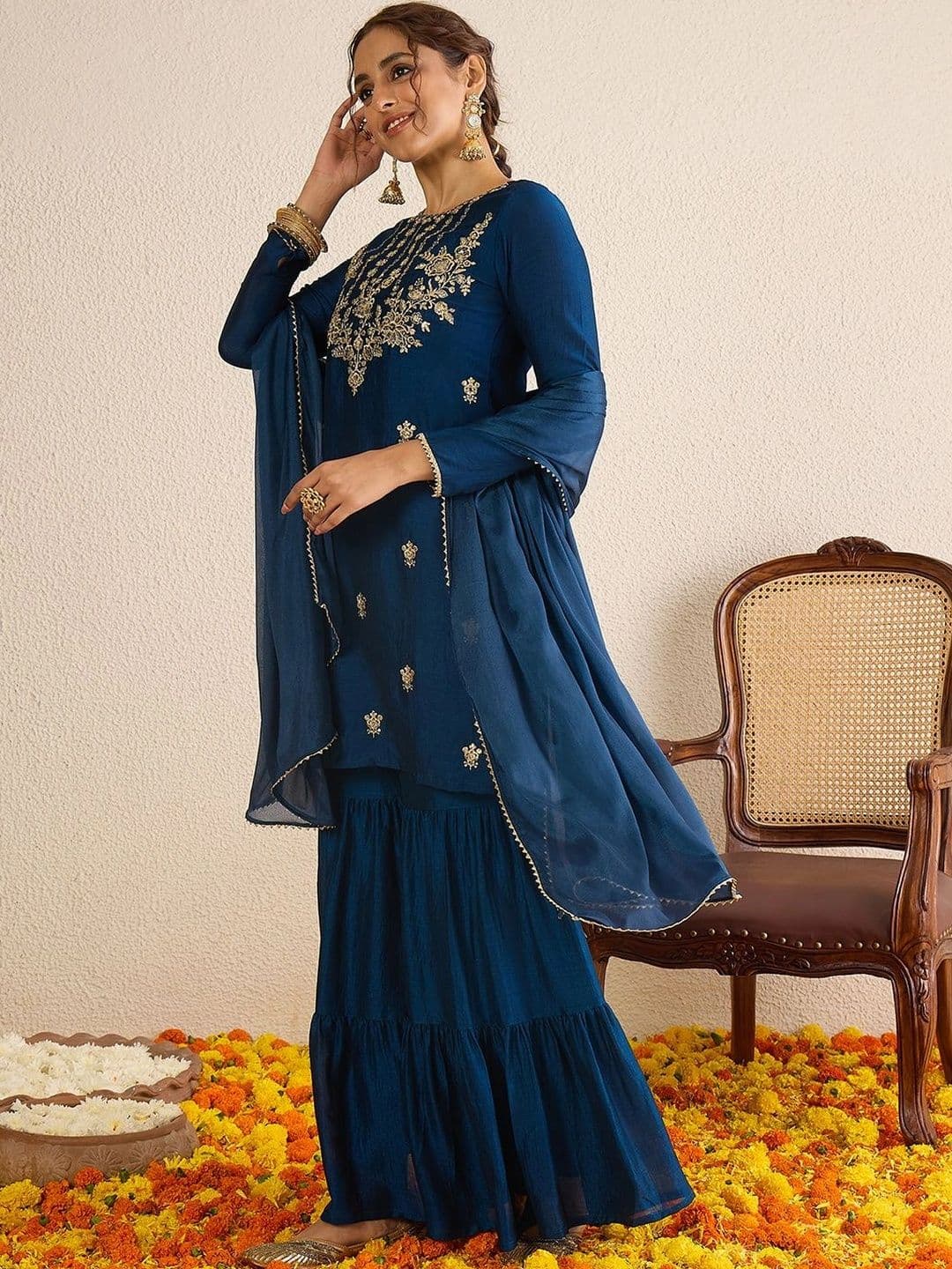 Janasya Blue Floral Embroidered Round Neck Sequinned Kurti With Sharara & Dupatta Kurta Set thumbnail 2