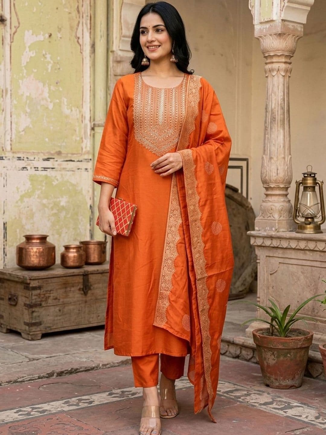 Sangria Embroidered  Round Neck Kurta & Trousers With Dupatta thumbnail 4