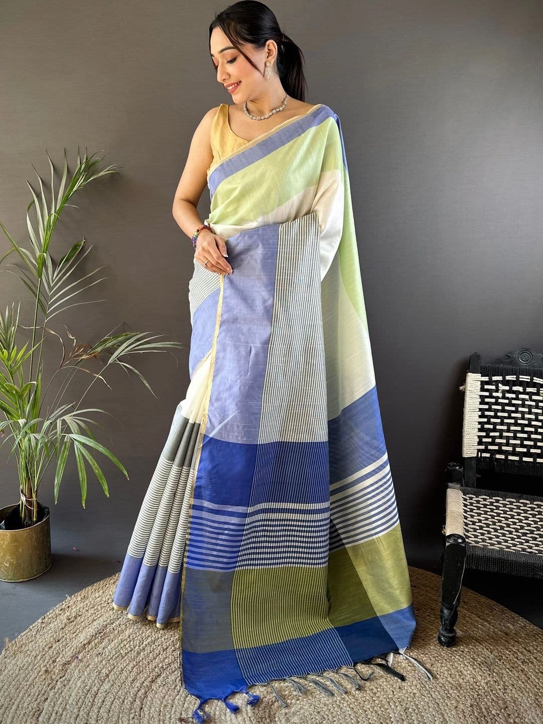 Moda Rapido Striped Zari Silk Cotton Designer Khadi Saree - view 1