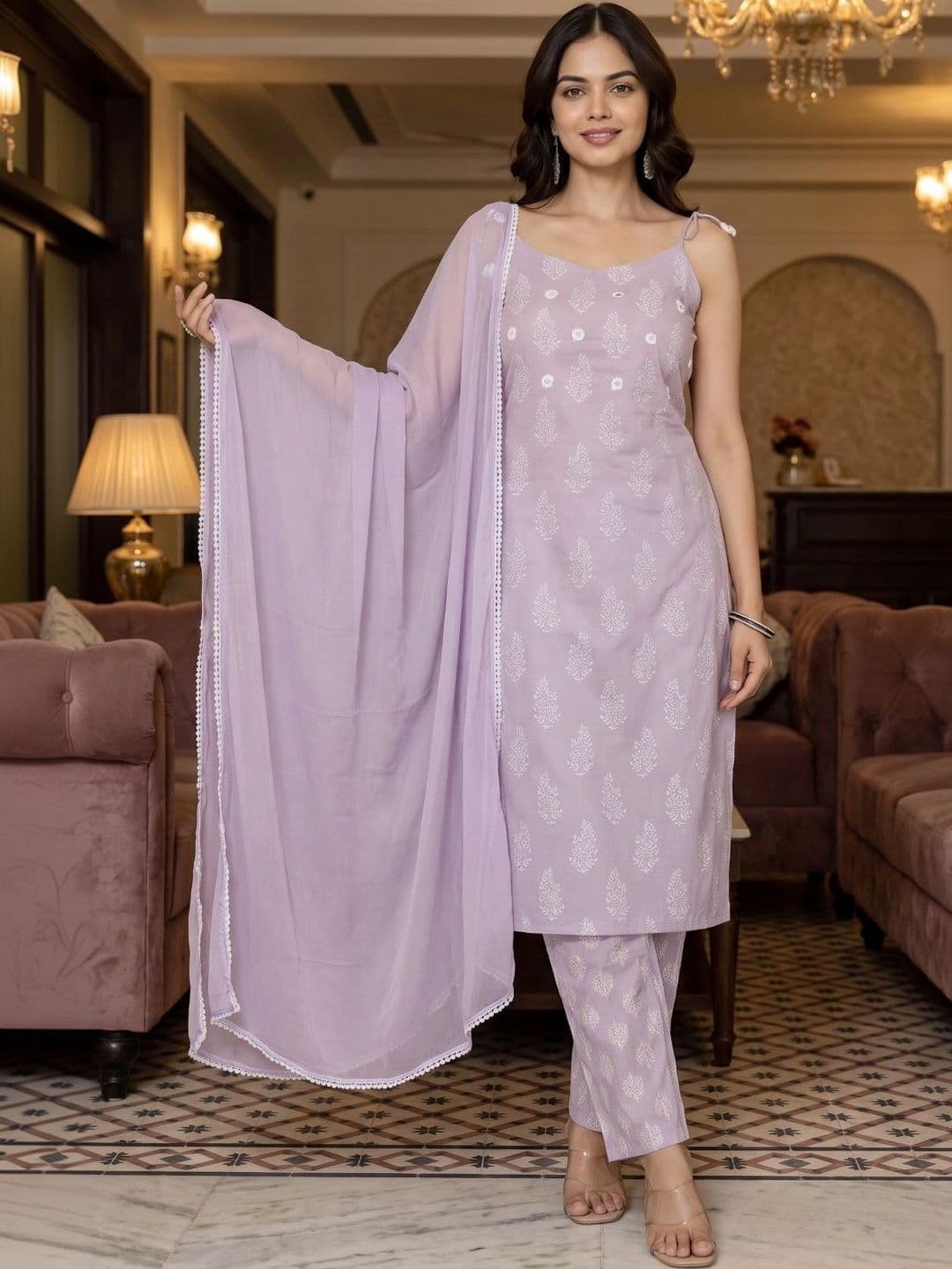 BrownEra Women Ethnic Motifs Printed Regular Mirror Work Kurta with Trousers & With Dupatta - view 1