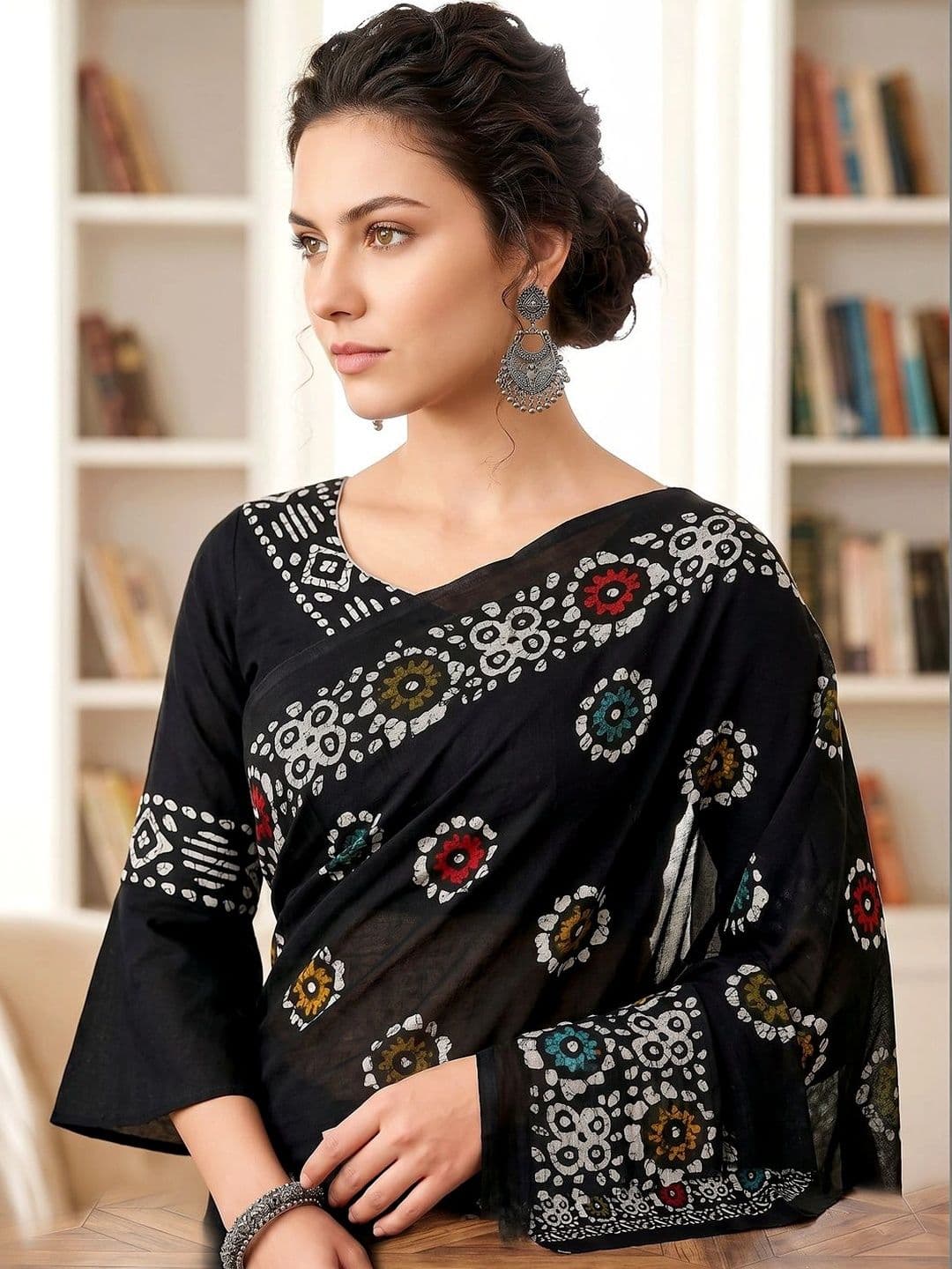 VS MALL Women Batik Pure Cotton Block Print Saree thumbnail 2