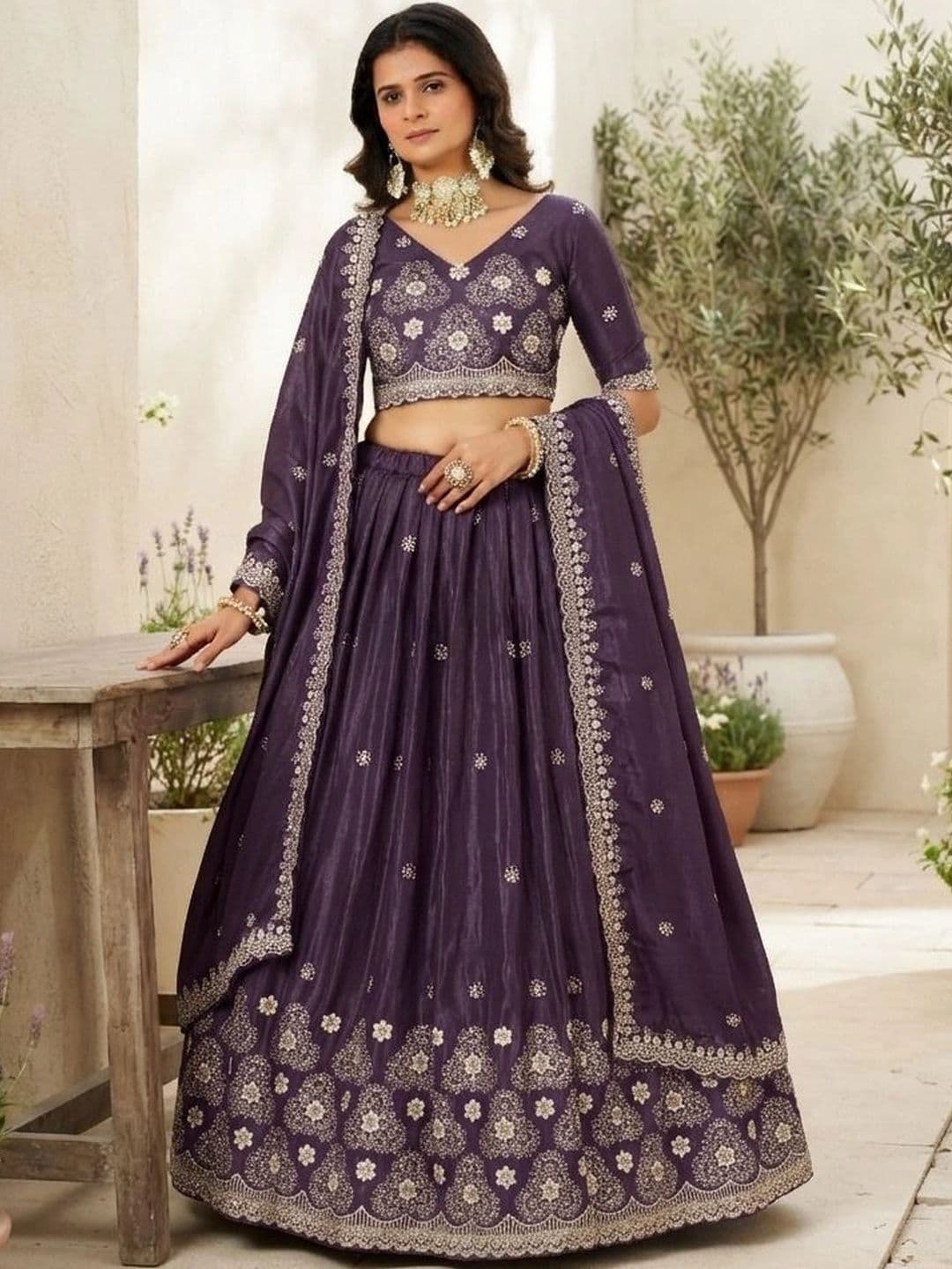 HERE&NOW Embroidered Thread Work Semi-Stitched Lehenga & Blouse With Dupatta thumbnail 3