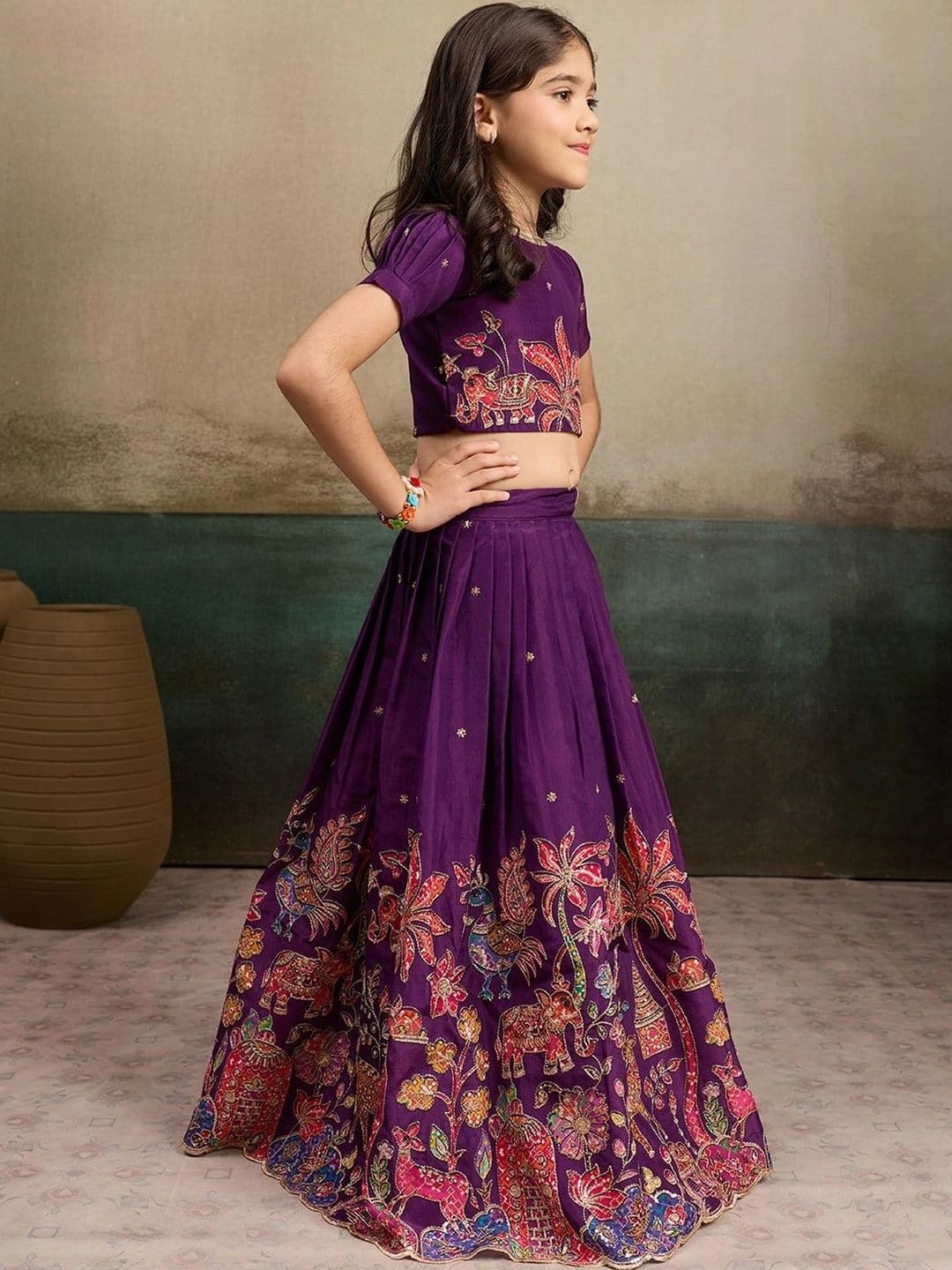 Tasarika Girls Embroidered Kalamkari Ready to Wear Lehenga & thumbnail 7