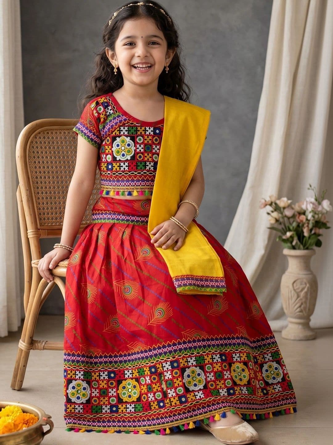 ahhaaaa Girls Embroidered Mirror Work Ready to Wear Lehenga & Blouse With Dupatta thumbnail 5