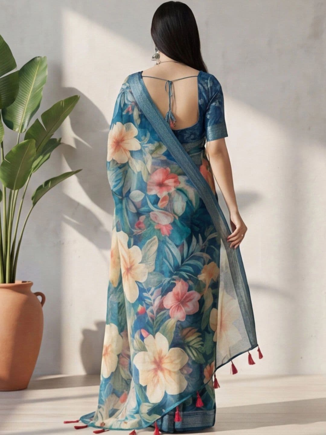 Anouk Rustic Floral Zari Pure Linen Designer Khadi Saree thumbnail 7