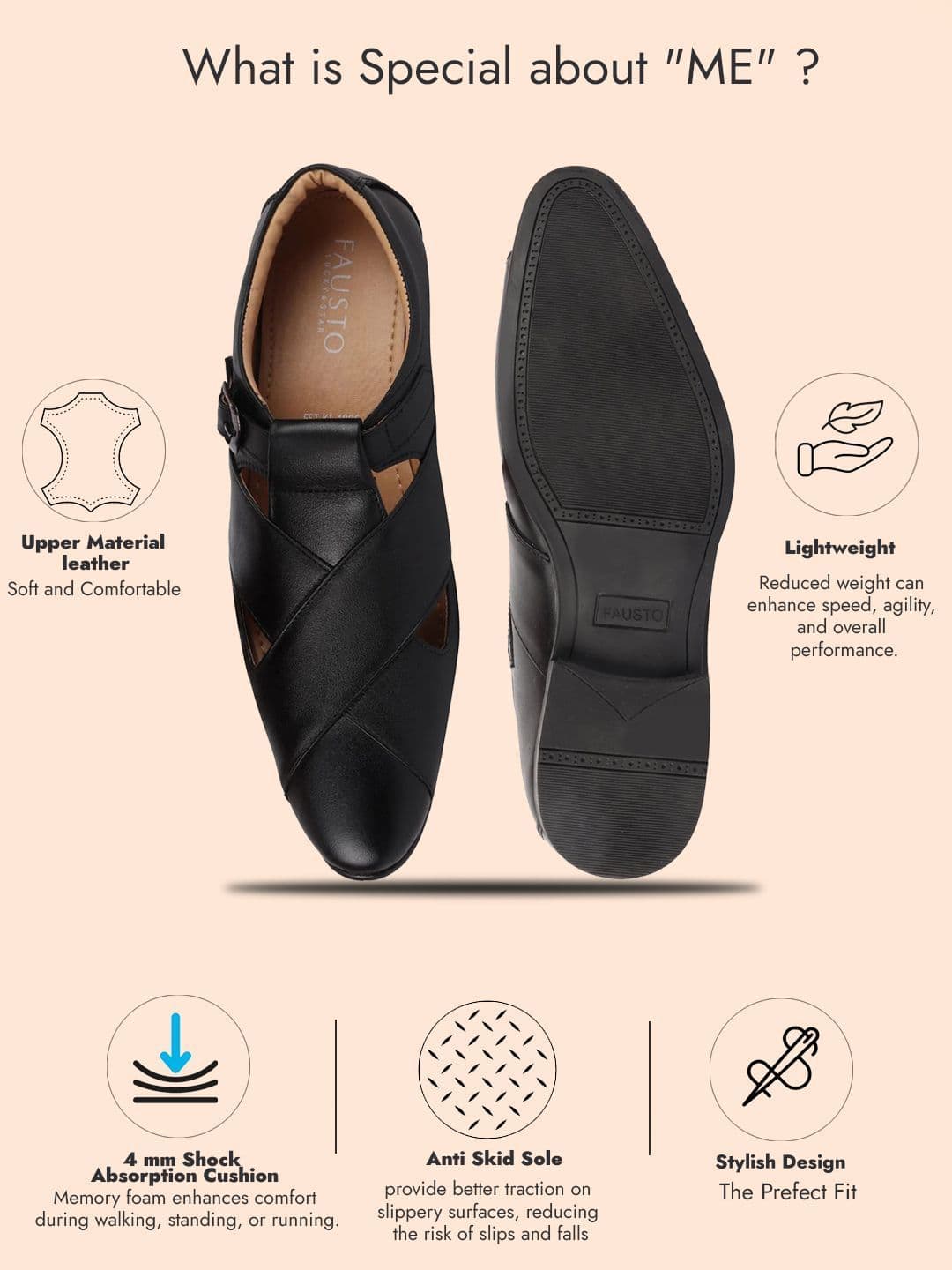 FAUSTO Men Black Leather Shoe-Style Sandals thumbnail 2