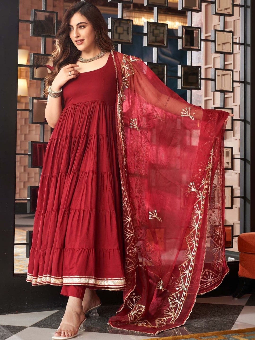 Vastranikhar Women Ethnic Motifs Tiered Thread Work Pure Cotton Kurta with Trousers & With Dupatta thumbnail 4