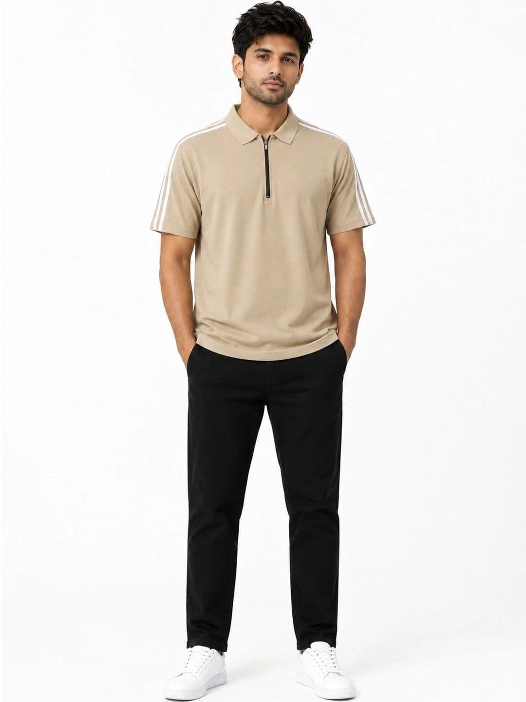 MaverIQ Beige Striped Polo Collar Regular Fit T-shirt thumbnail 4