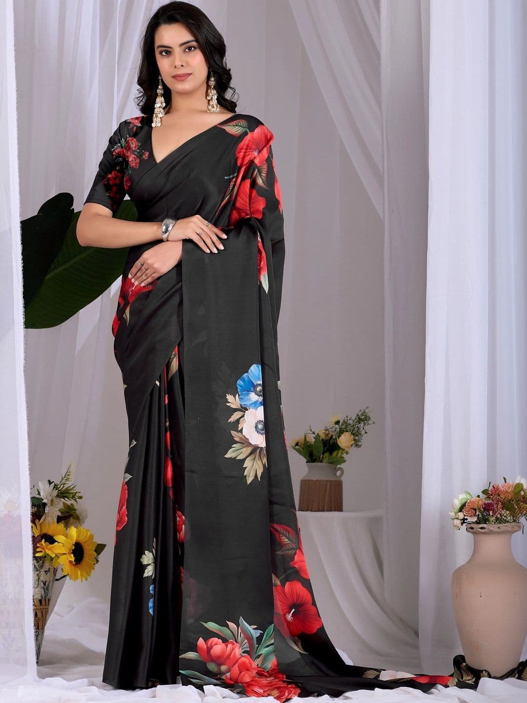 Moda Rapido Women Floral Printed Satin Designer Saree - view 1