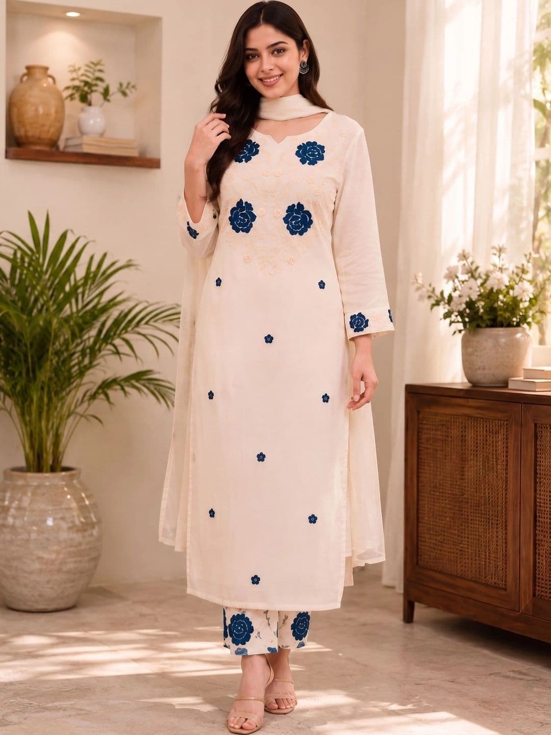 J MOGAL Women Floral Embroidered Regular Thread Work  Kurta & Trousers With Dupatta - view 1
