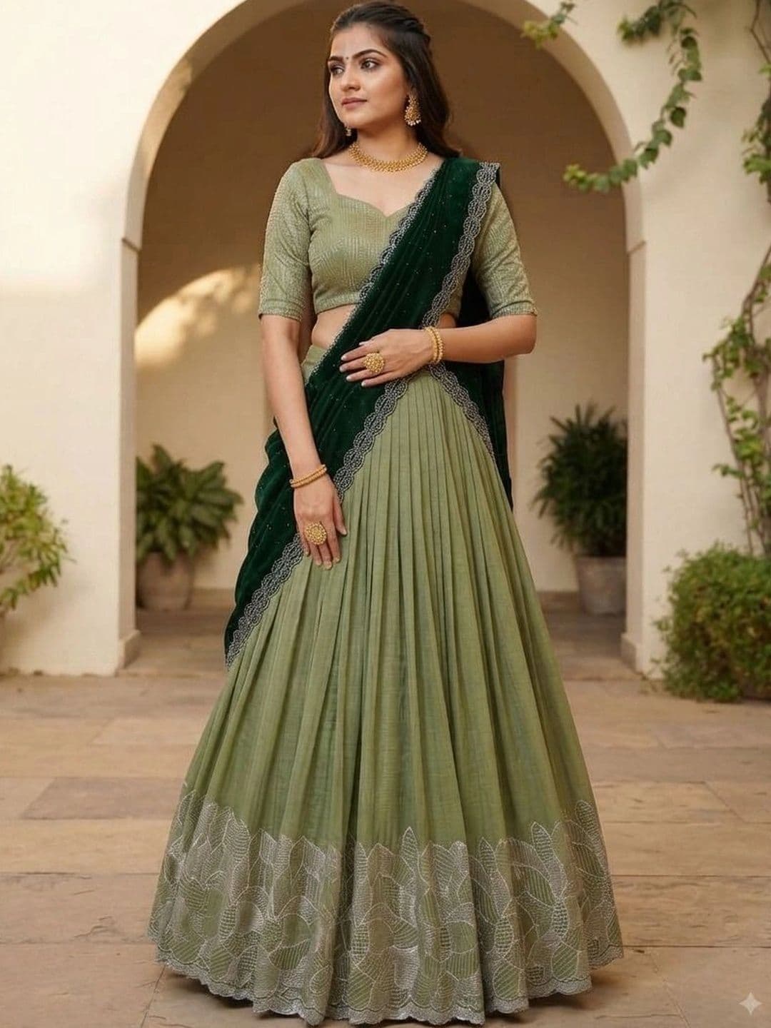 HERE&NOW Embellished Thread Work Semi-Stitched Lehenga & Blouse With Dupatta - view 1