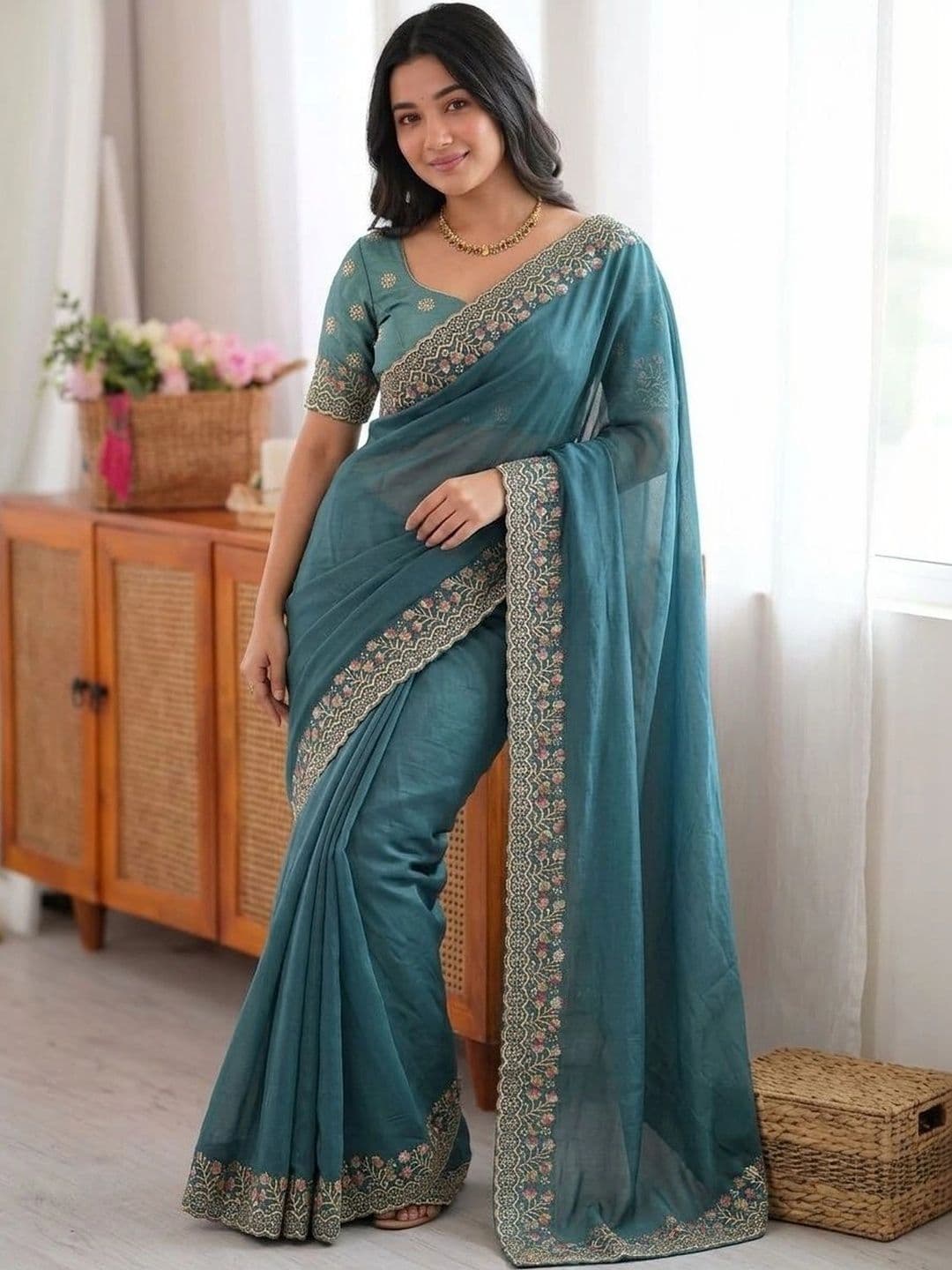 Sangria Embellished Embroidered Pure Georgette Saree thumbnail 3