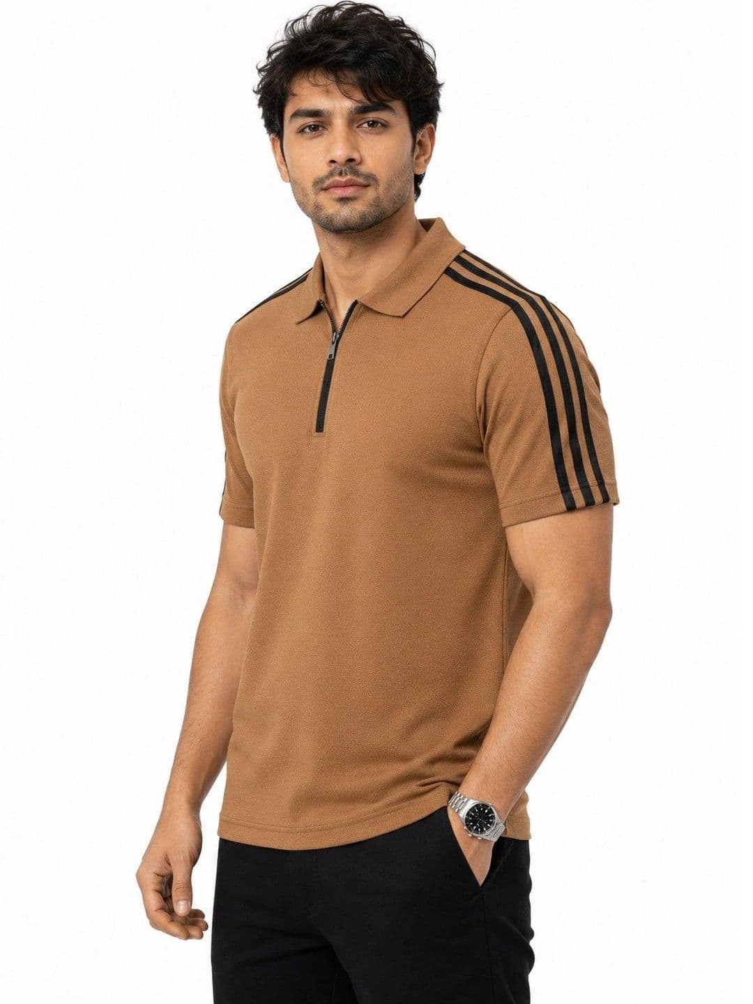 MaverIQ Camel Brown Colourblocked Polo Collar Regular Fit T-shirt thumbnail 3