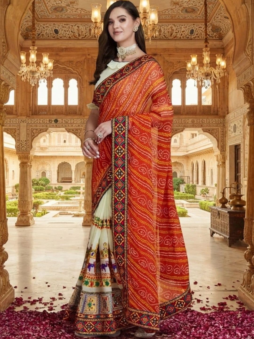 DIVASTRI Embroidered Poly Georgette Half and Half Bandhani Saree thumbnail 5