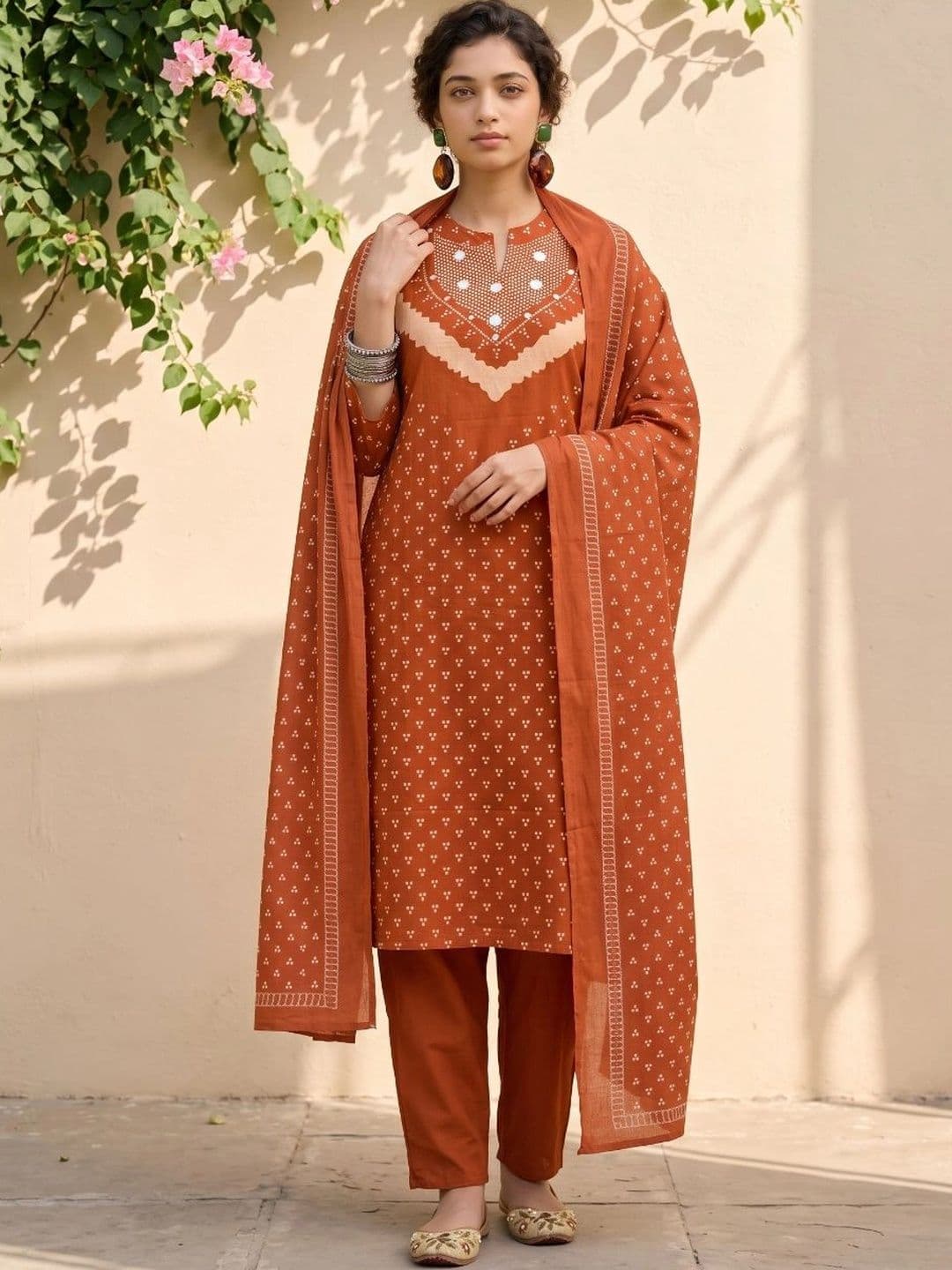 JANAKDULARI CREATION Women Ethnic Motifs Regular Mirror Work Pure Cotton Kurta Trousers - view 1