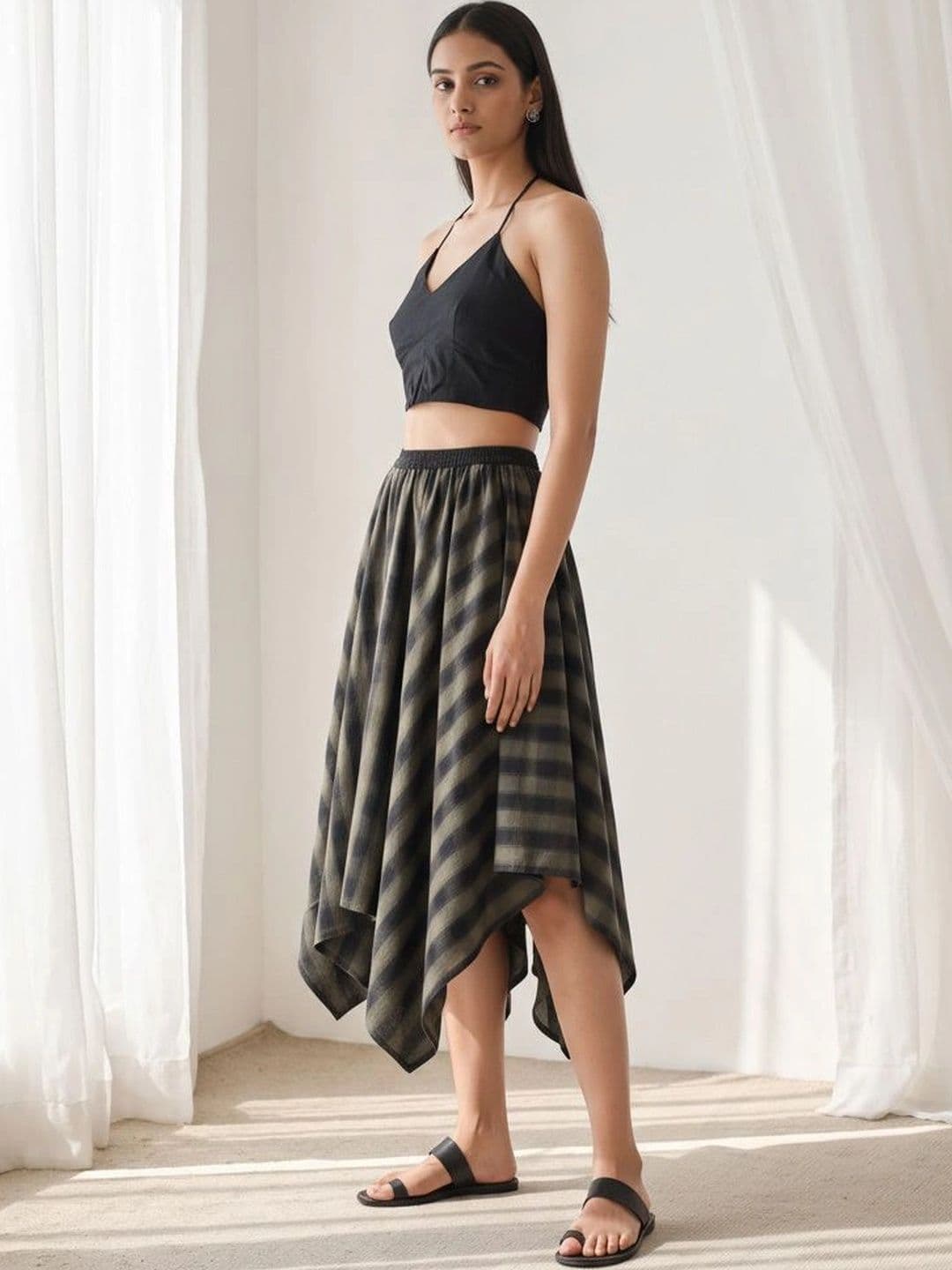 Hive91 Women Pure Cotton Checked Midi Flared Skirt thumbnail 4