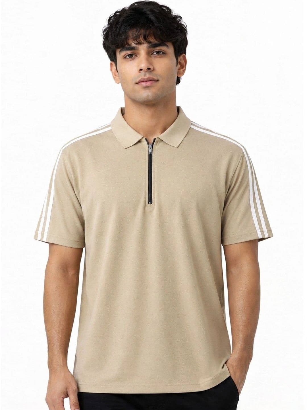 MaverIQ Beige Striped Polo Collar Regular Fit T-shirt - view 1