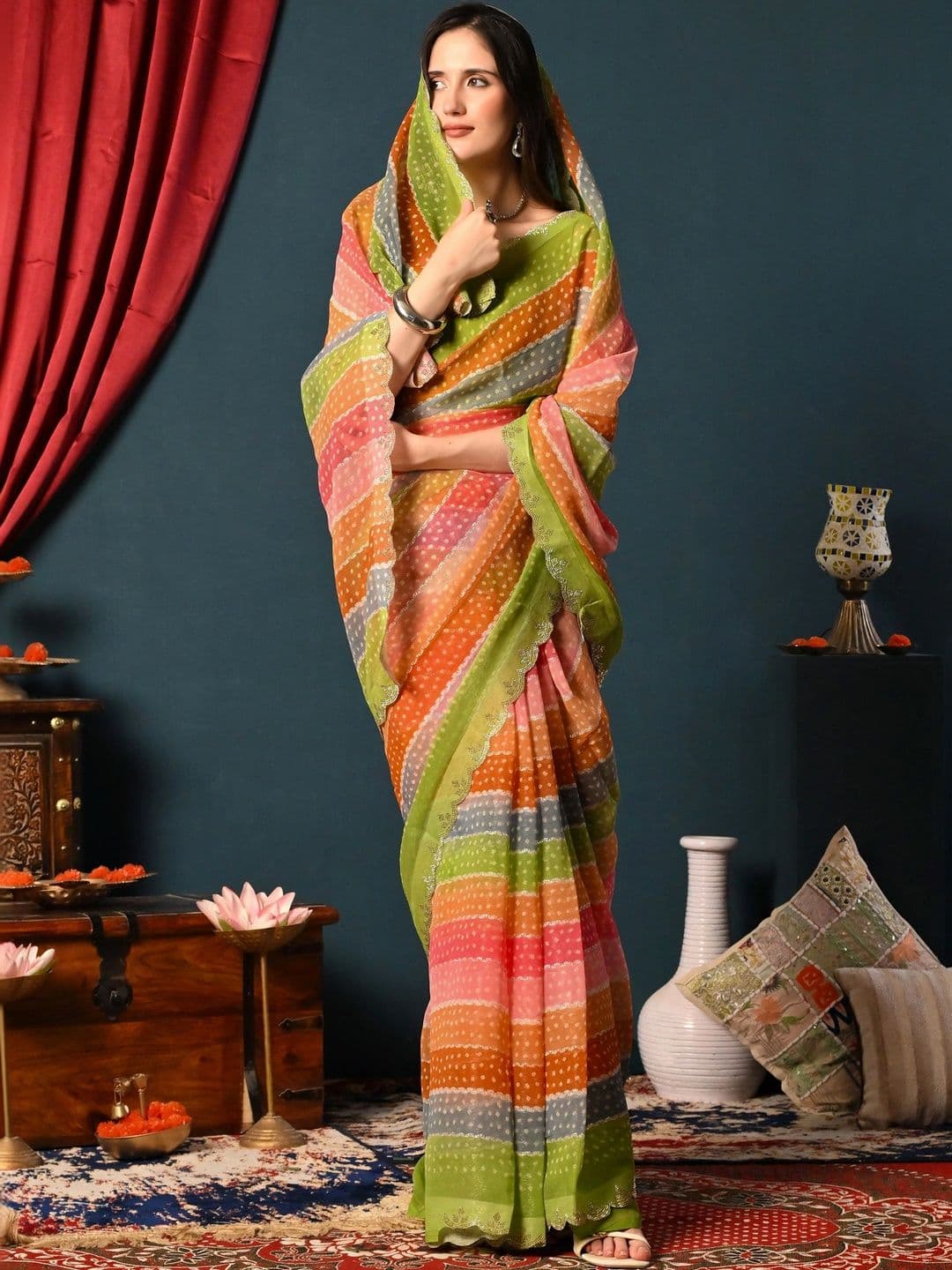 all about you Bandhani Beads and Stones Poly Chiffon Saree thumbnail 7