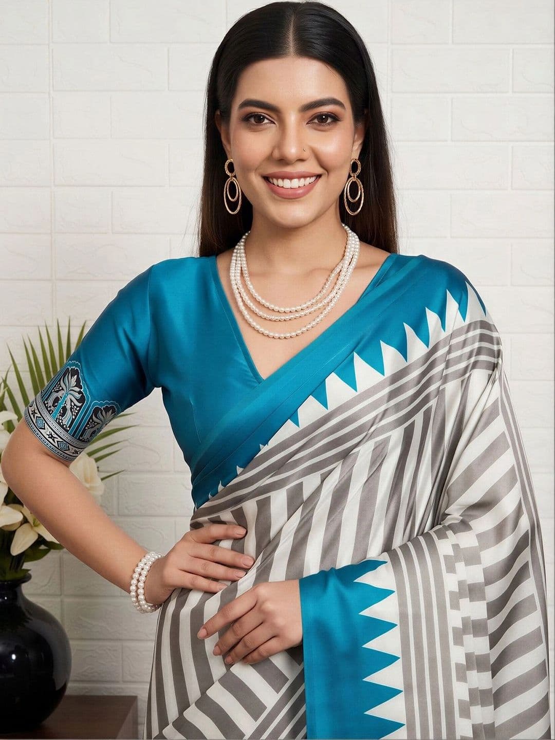 Anouk Striped Satin Designer Saree thumbnail 7