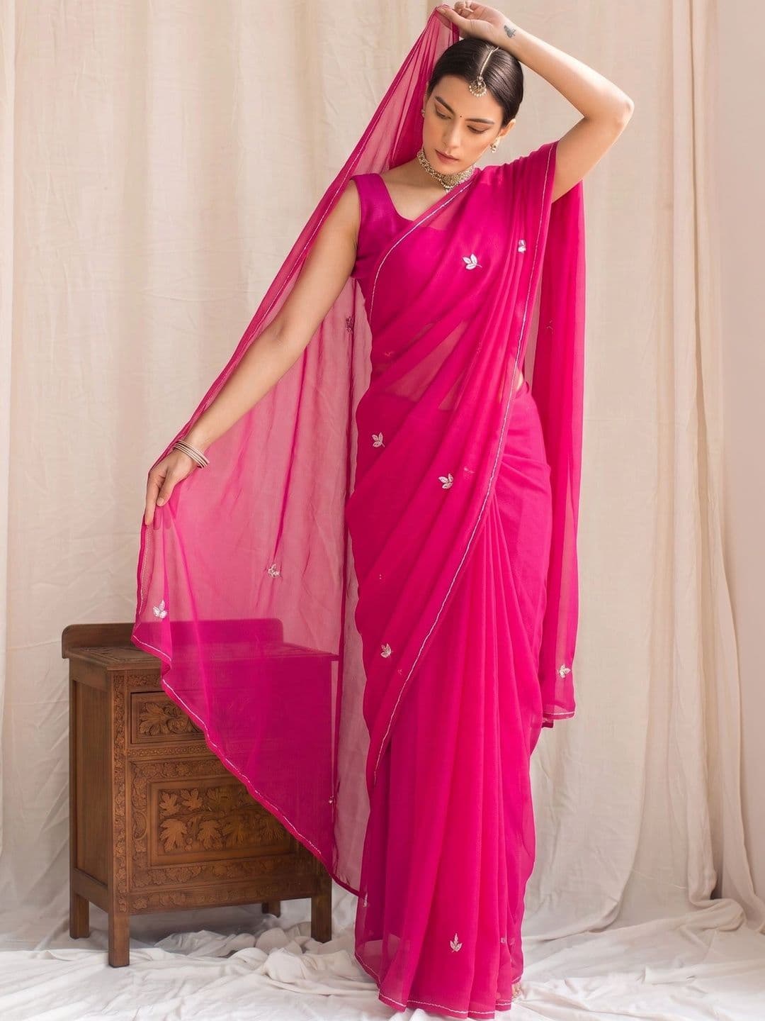 House of Pataudi Floral Beads and Stones Poly Georgette Designer Saree - view 1
