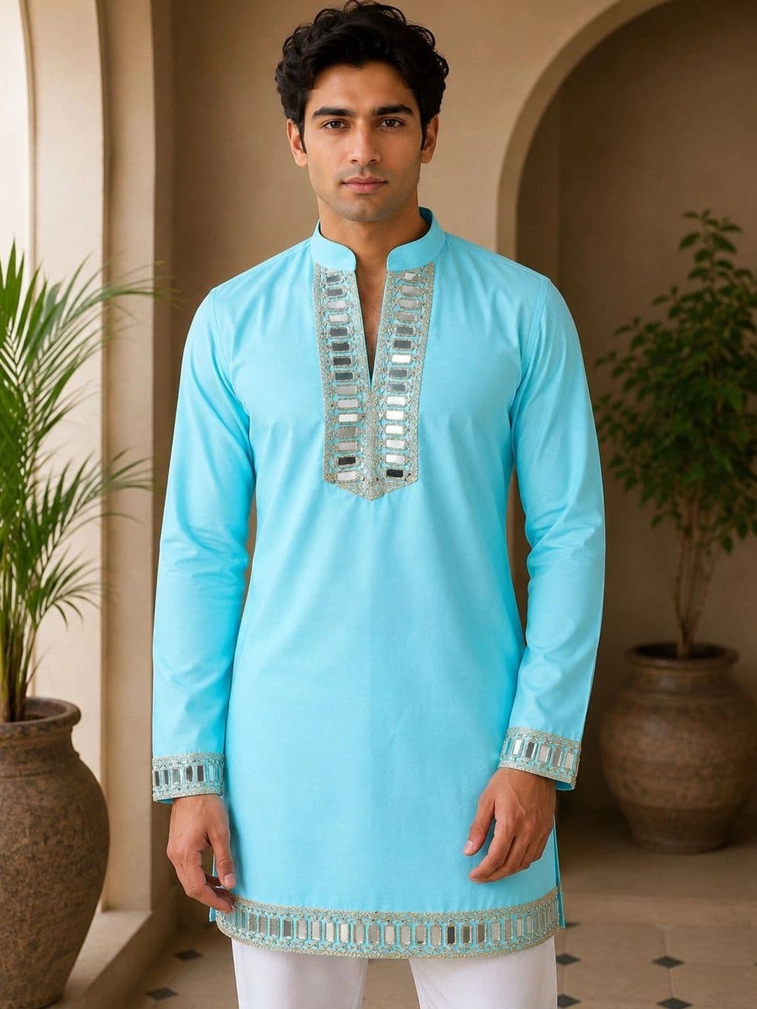 House of Pataudi Men Embellished Mirror Work Kurta - view 1