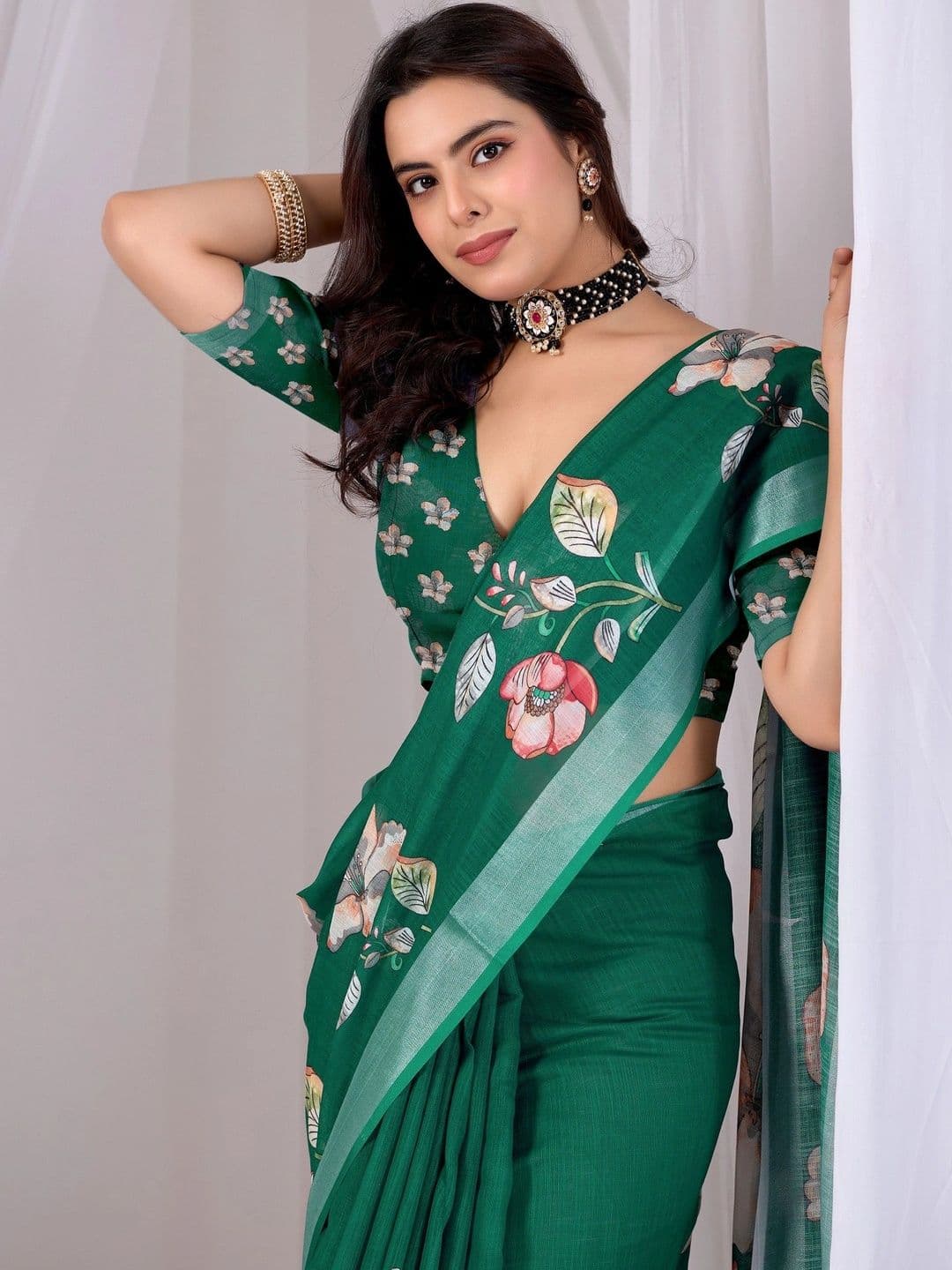 Moda Rapido Floral Zari Linen Blend Designer Saree thumbnail 3