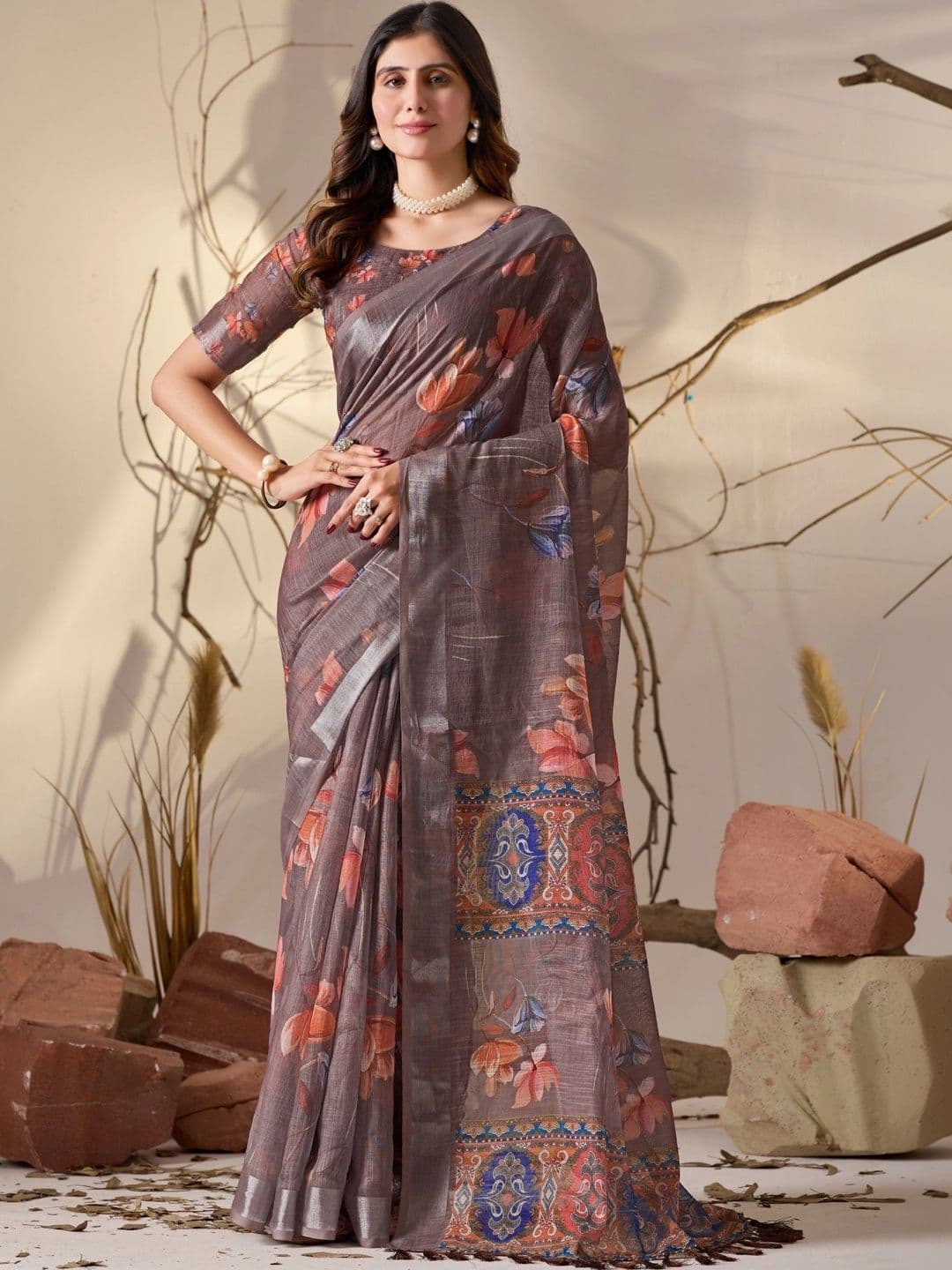 Moda Rapido Floral Zari Linen Blend Designer Saree - view 1