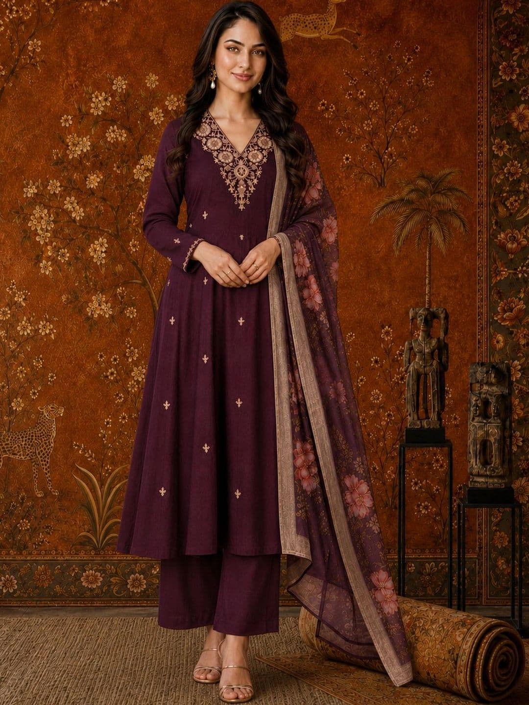 Sangria Ethnic Motifs Embroidered Thread Work A-Line Kurta with Trousers & Dupatta thumbnail 4