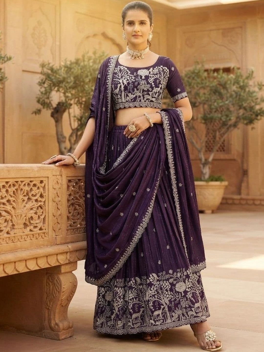 HERE&NOW Embroidered Semi-Stitched Lehenga & Blouse With Dupatta thumbnail 2