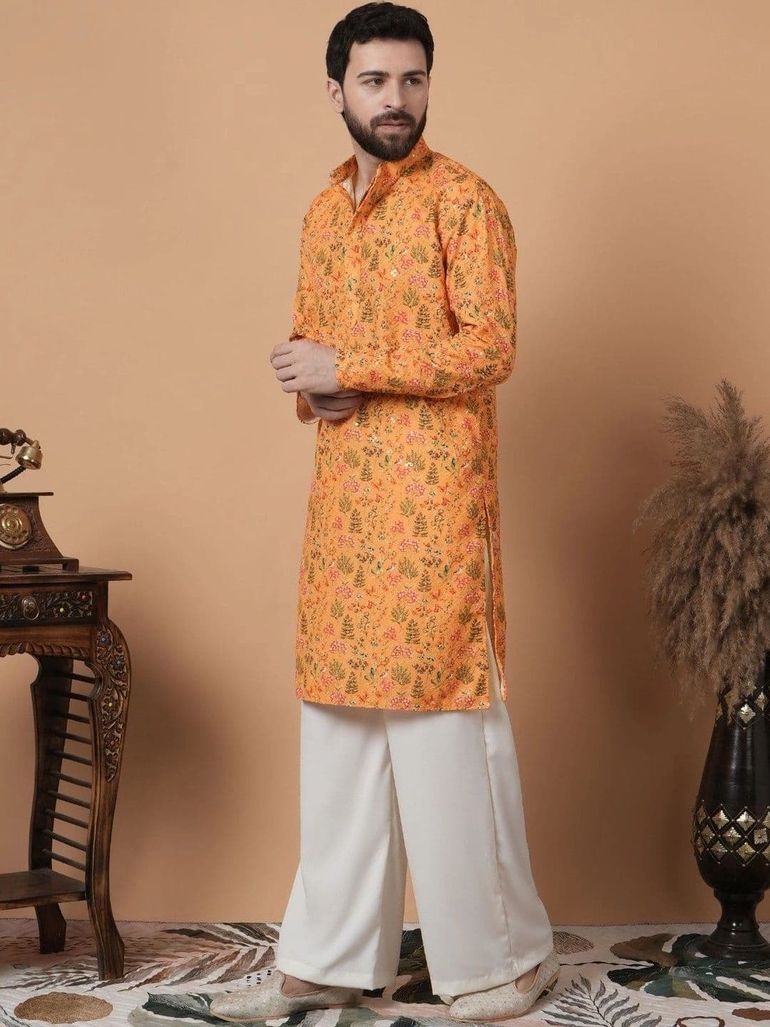 SHROBH Men Floral Printed Mirror Work Floral Kurta thumbnail 3