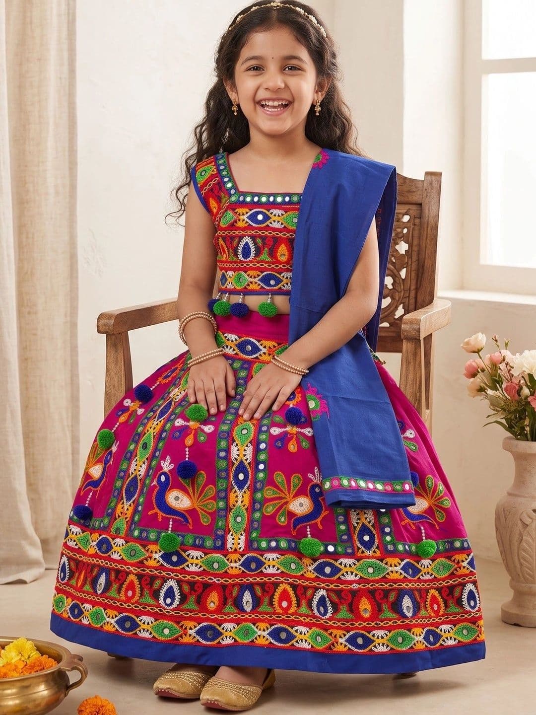 ahhaaaa Girls Embroidered Mirror Work Ready to Wear Lehenga & Blouse With Dupatta thumbnail 5