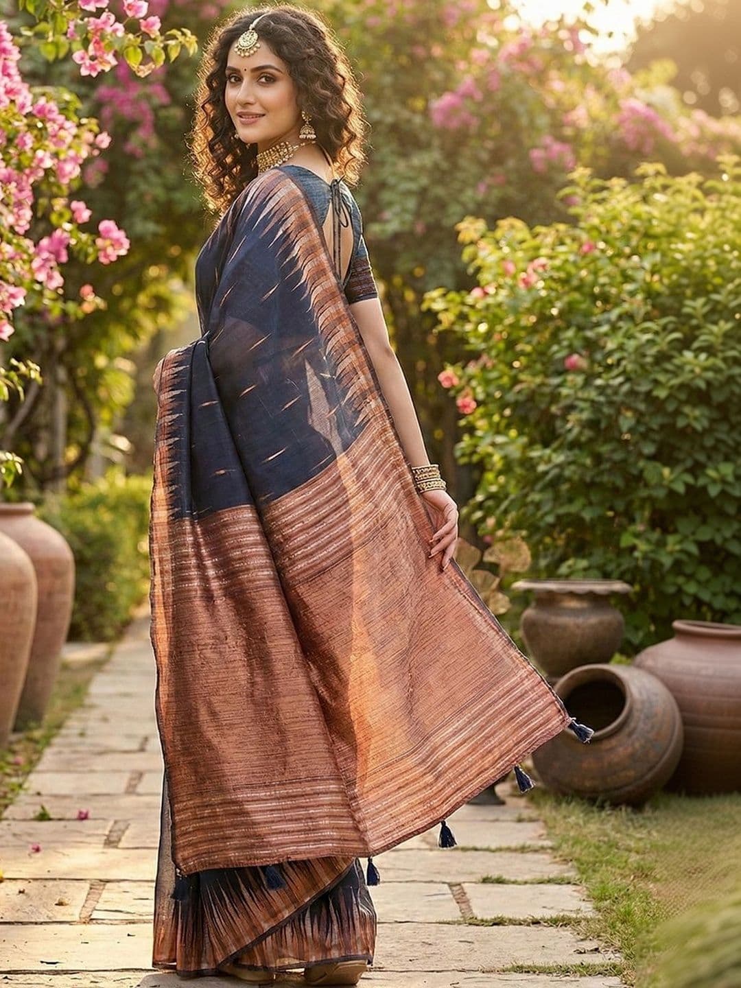 Mitera Woven Design Saree Copper Border Tassel thumbnail 2