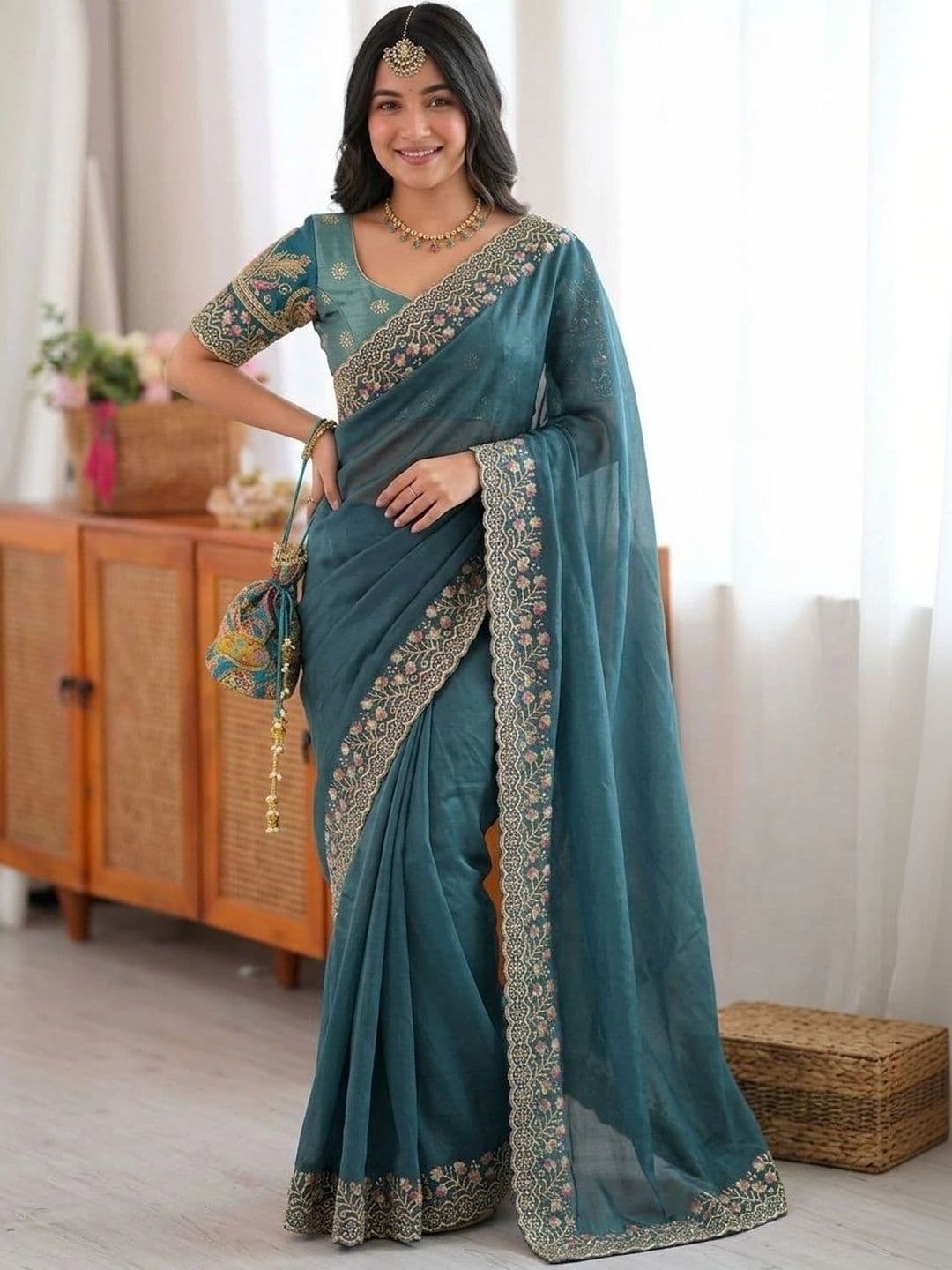 Sangria Embellished Embroidered Pure Georgette Saree - view 1