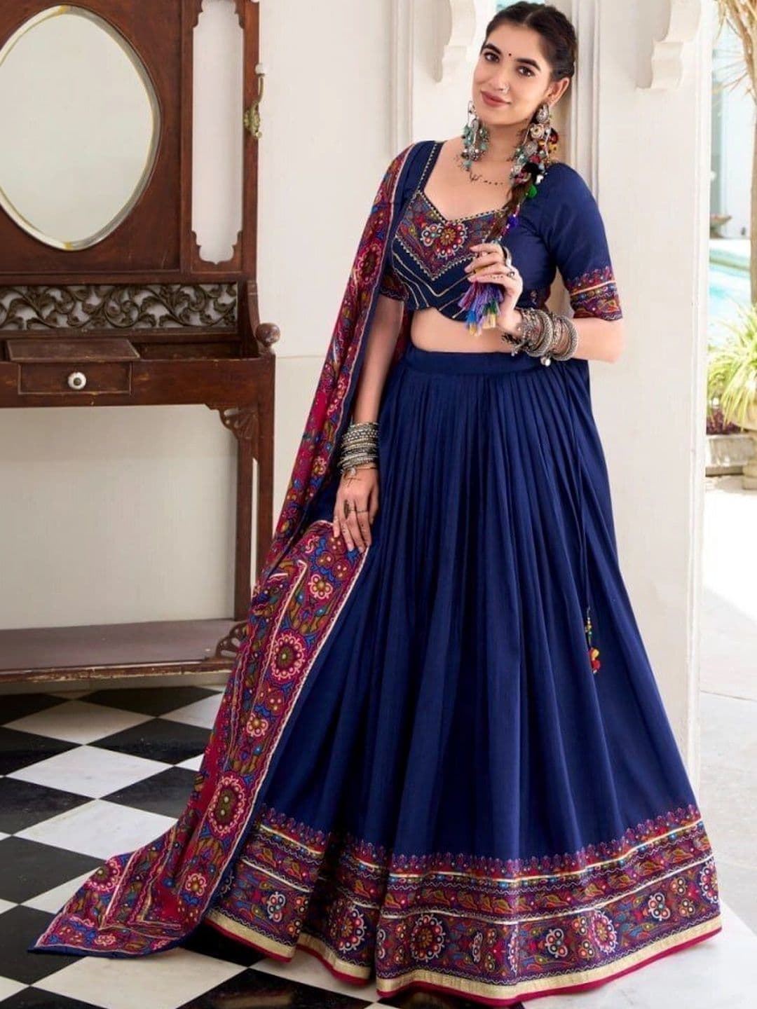 HAMOFY Embroidered Thread Work Tussar Silk Lehenga & Unstitched Blouse With Dupatta - view 1