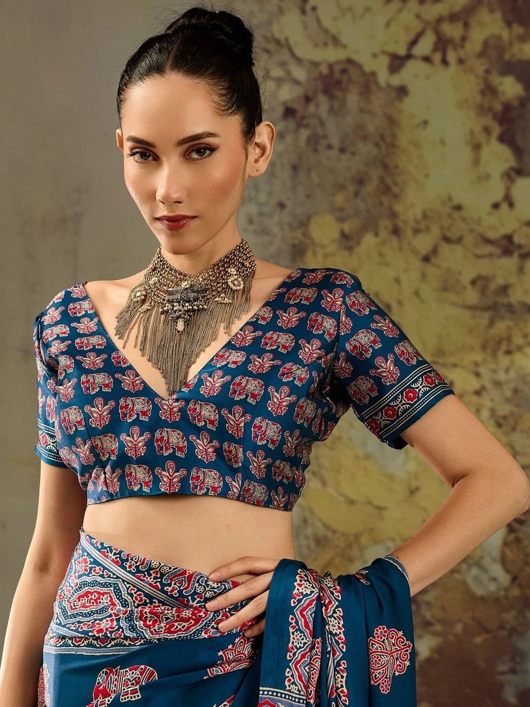 Sangria Ajrak Block Satin Designer Block Print Saree thumbnail 7