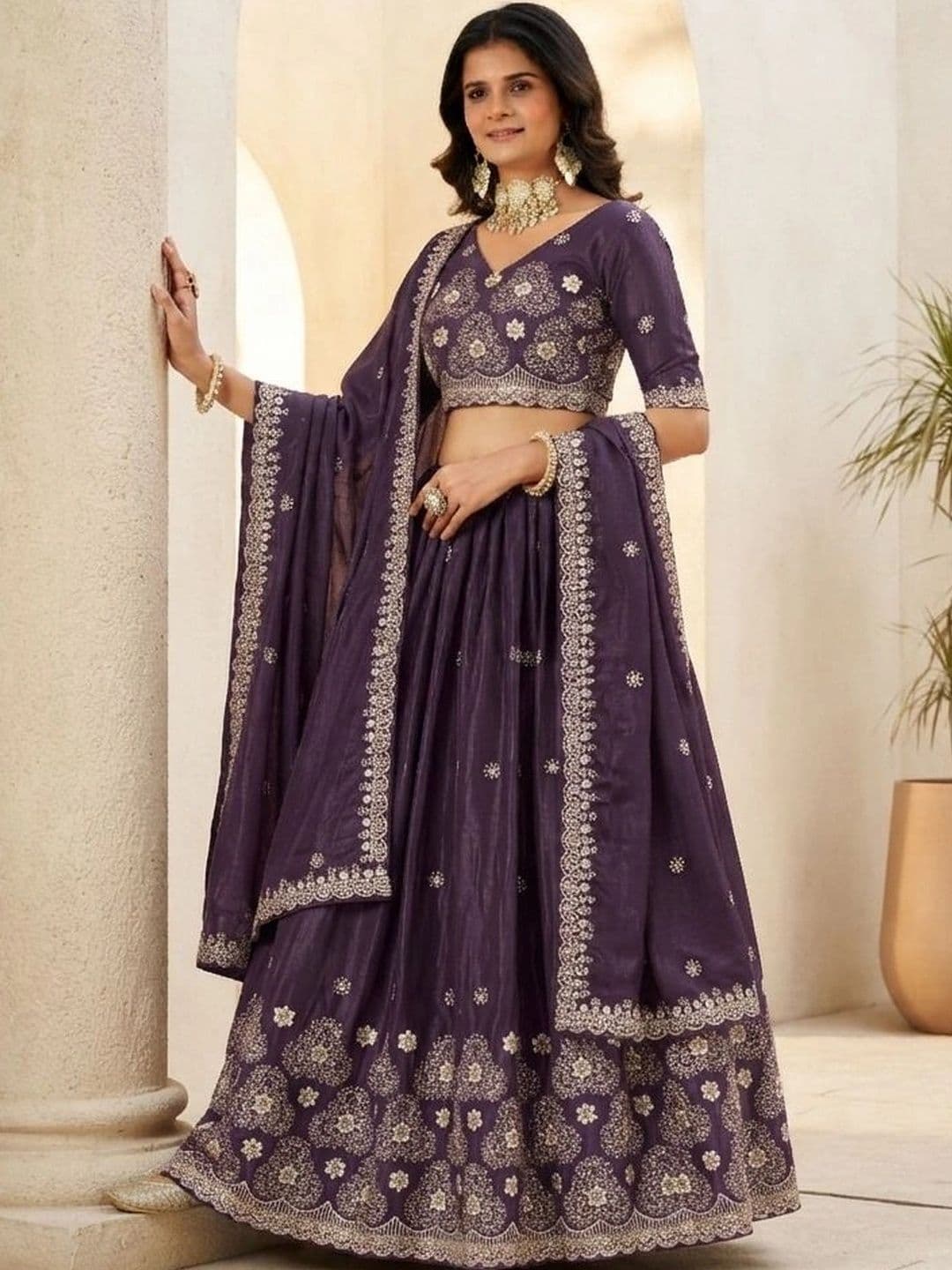 HERE&NOW Embroidered Thread Work Semi-Stitched Lehenga & Blouse With Dupatta - view 1