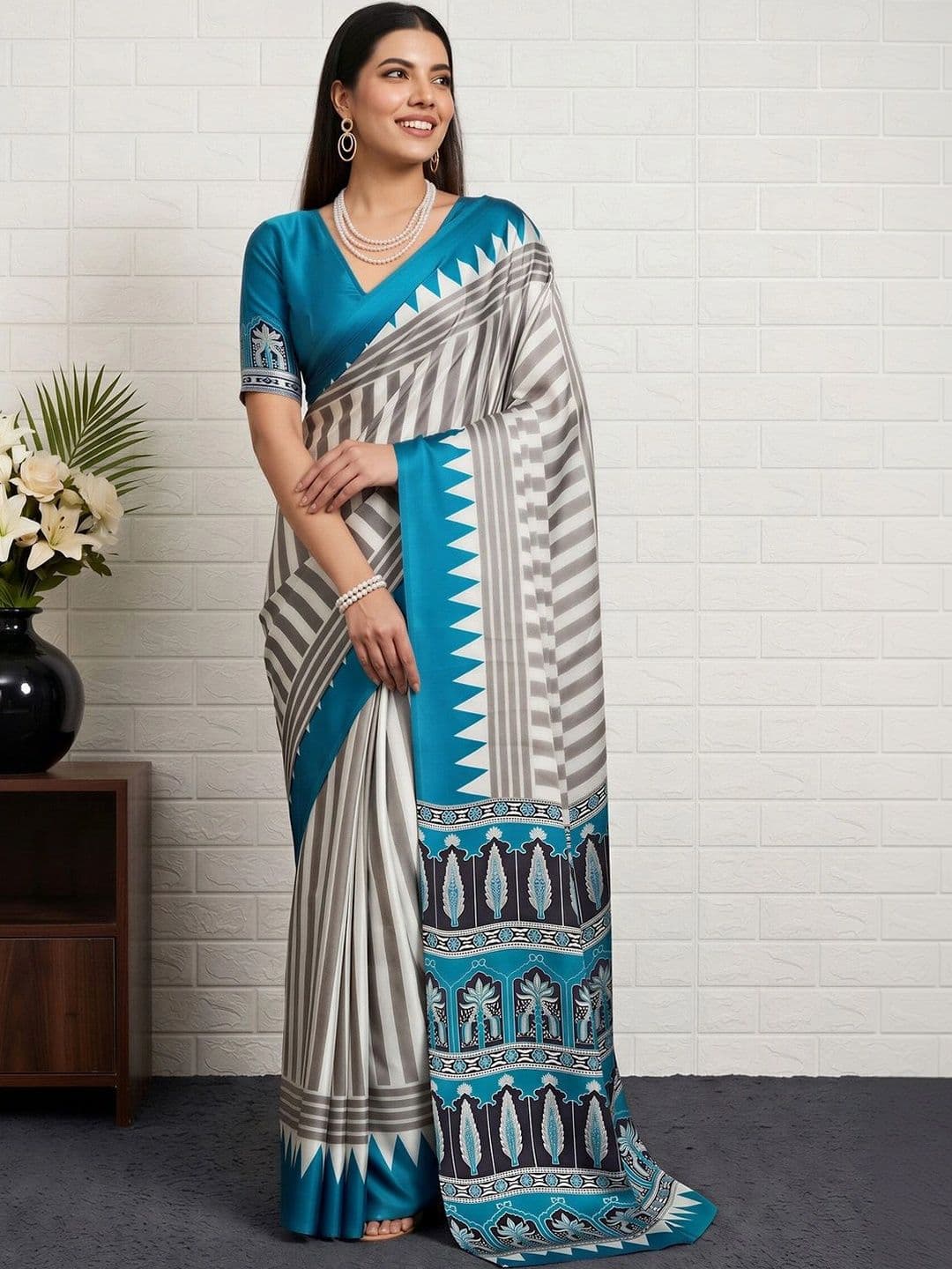 Anouk Striped Satin Designer Saree - view 1