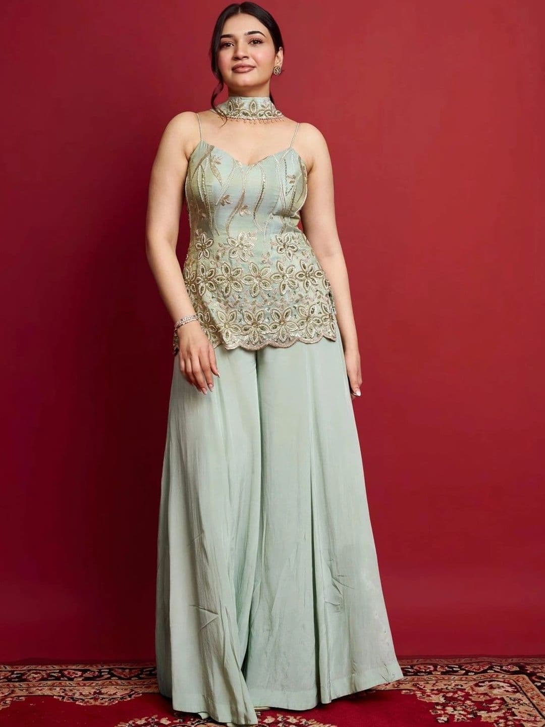 HERE&NOW Women Floral Embroidered Layered Sequinned Kurti with Palazzos & With Dupatta - view 1