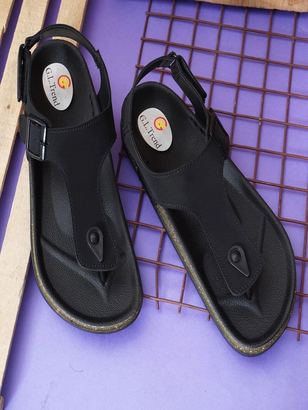 G L Trend Men Casual Iightweight Black T Strap Velcro Sandals - view 1