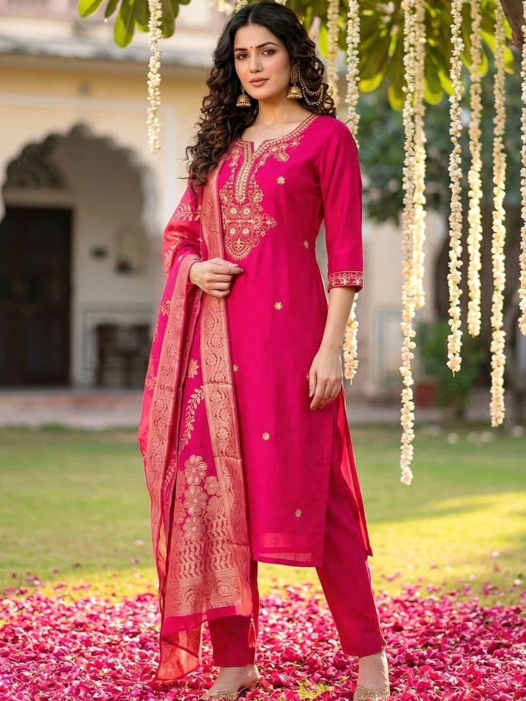 SHRI VANYA CREATION Women Ethnic Motifs Embroidered Regular Chanderi Silk Kurta with Trousers & With Dupatta thumbnail 5