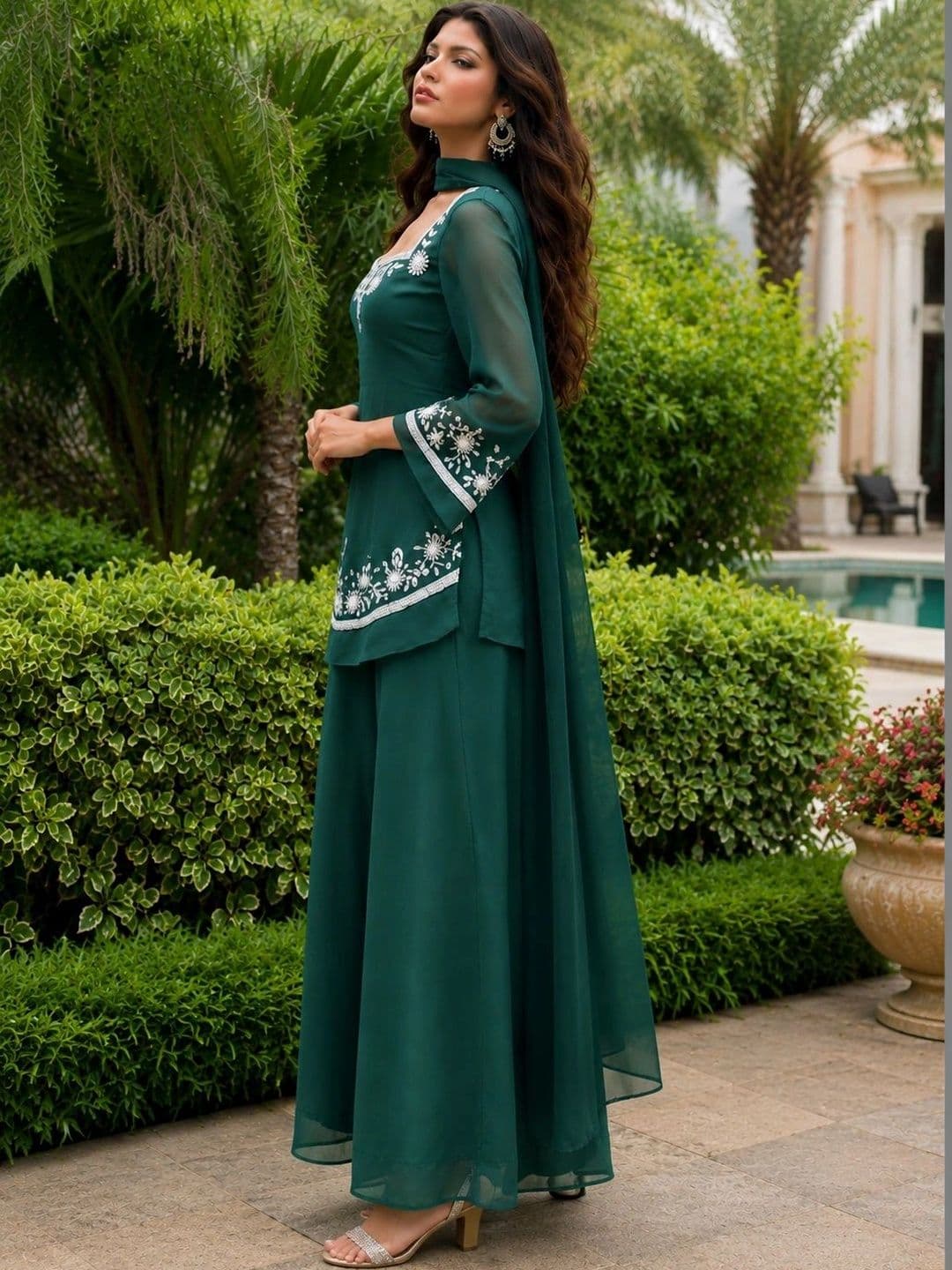 HERE&NOW Women Ethnic Motifs Embroidered Regular Thread Work Kurta with Palazzos & With Dupatta thumbnail 4