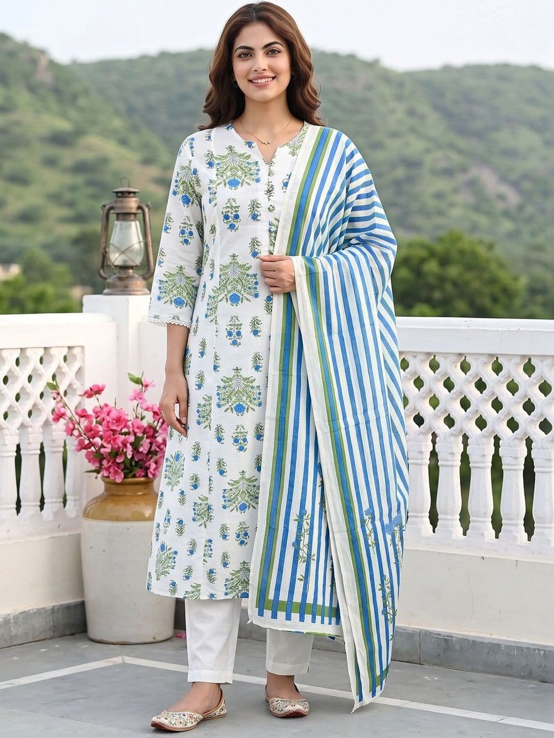 KALINI Women Ethnic Motifs Printed Regular Pure Cotton Kurta with Trousers & With Dupatta thumbnail 5