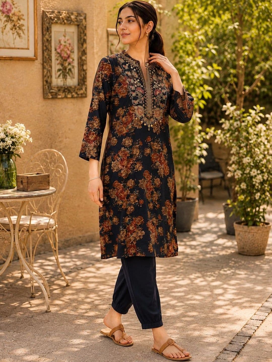 Nayam By Lakshita Women Floral Printed Regular Thread Work Kurta with Trousers thumbnail 3