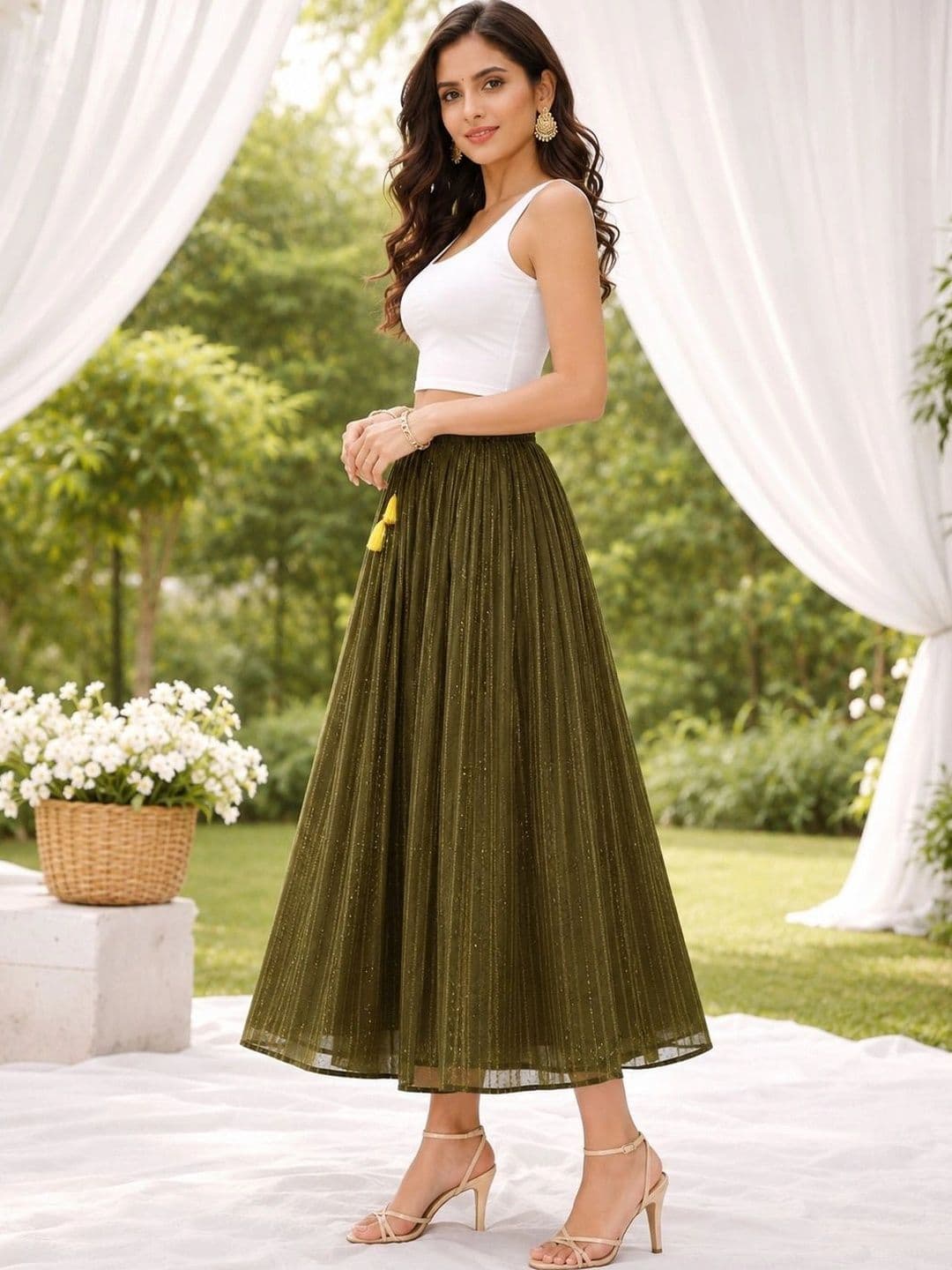 Rabhika Women Georgette Striped Tiered Midi Flared Skirt thumbnail 7