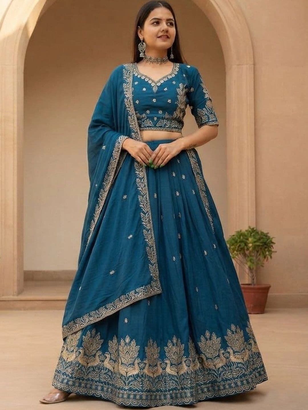 all about you Embroidered Thread Work Semi-Stitched Lehenga & Blouse With Dupatta - view 1