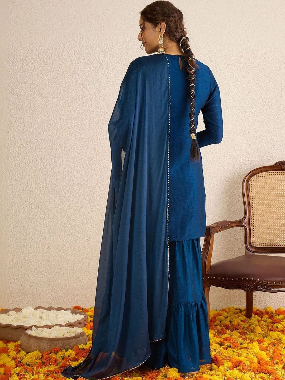 Janasya Blue Floral Embroidered Round Neck Sequinned Kurti With Sharara & Dupatta Kurta Set thumbnail 7