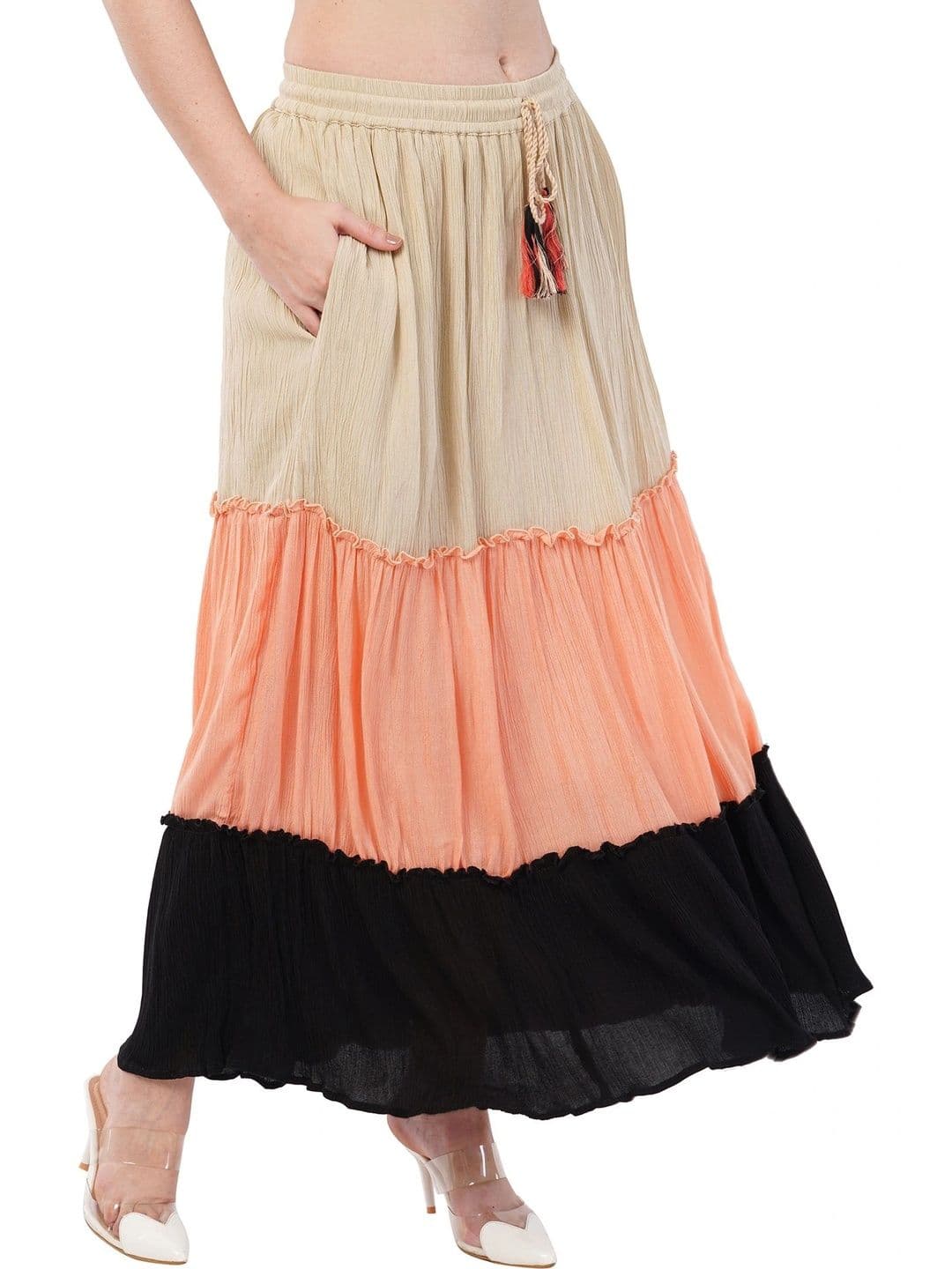 Rabhika Women Pure Cotton Cotton Cambric Colourblocked Maxi Tiered Skirt thumbnail 2