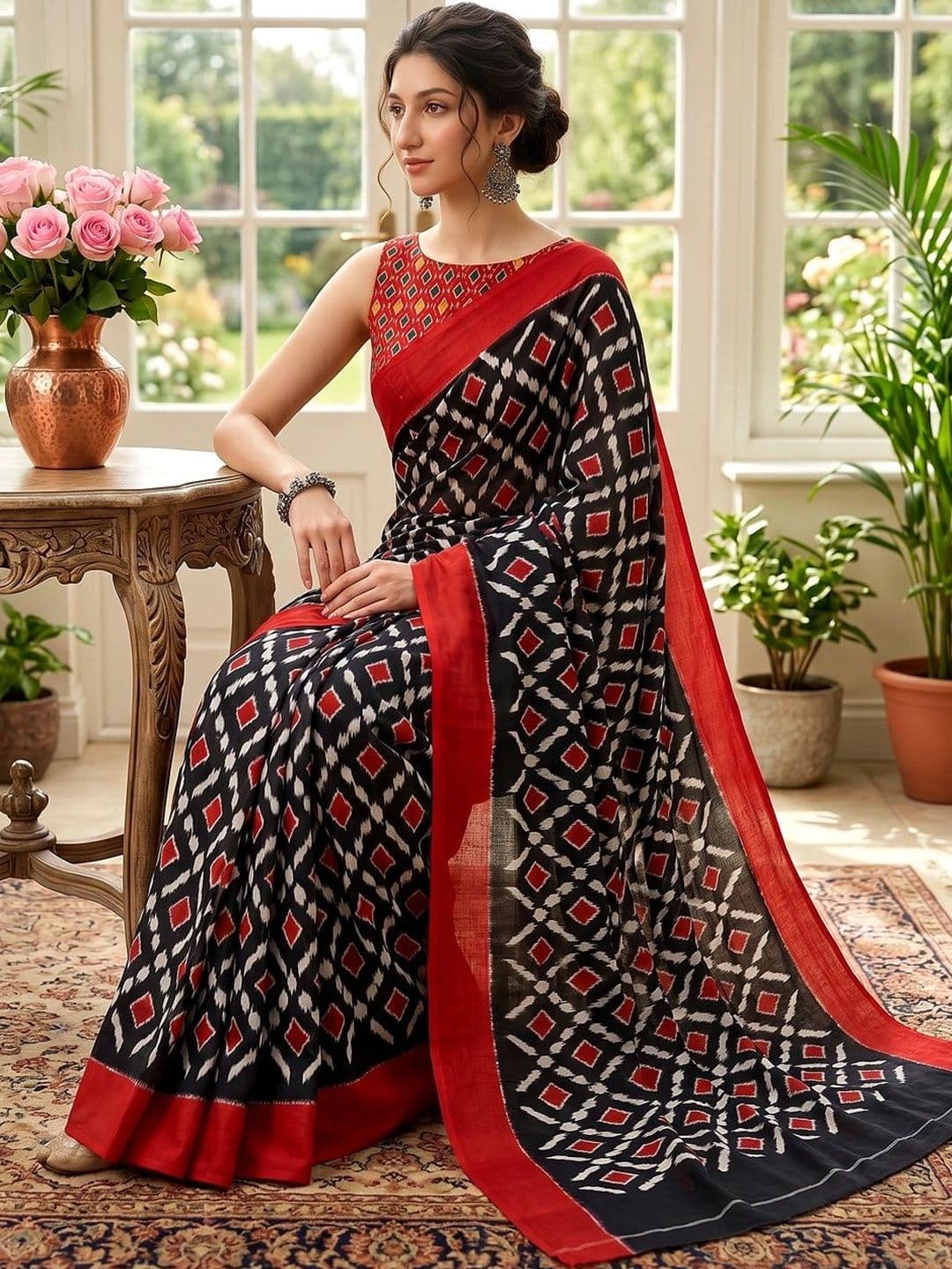 VS MALL Floral Pure Cotton Ikat Saree thumbnail 3