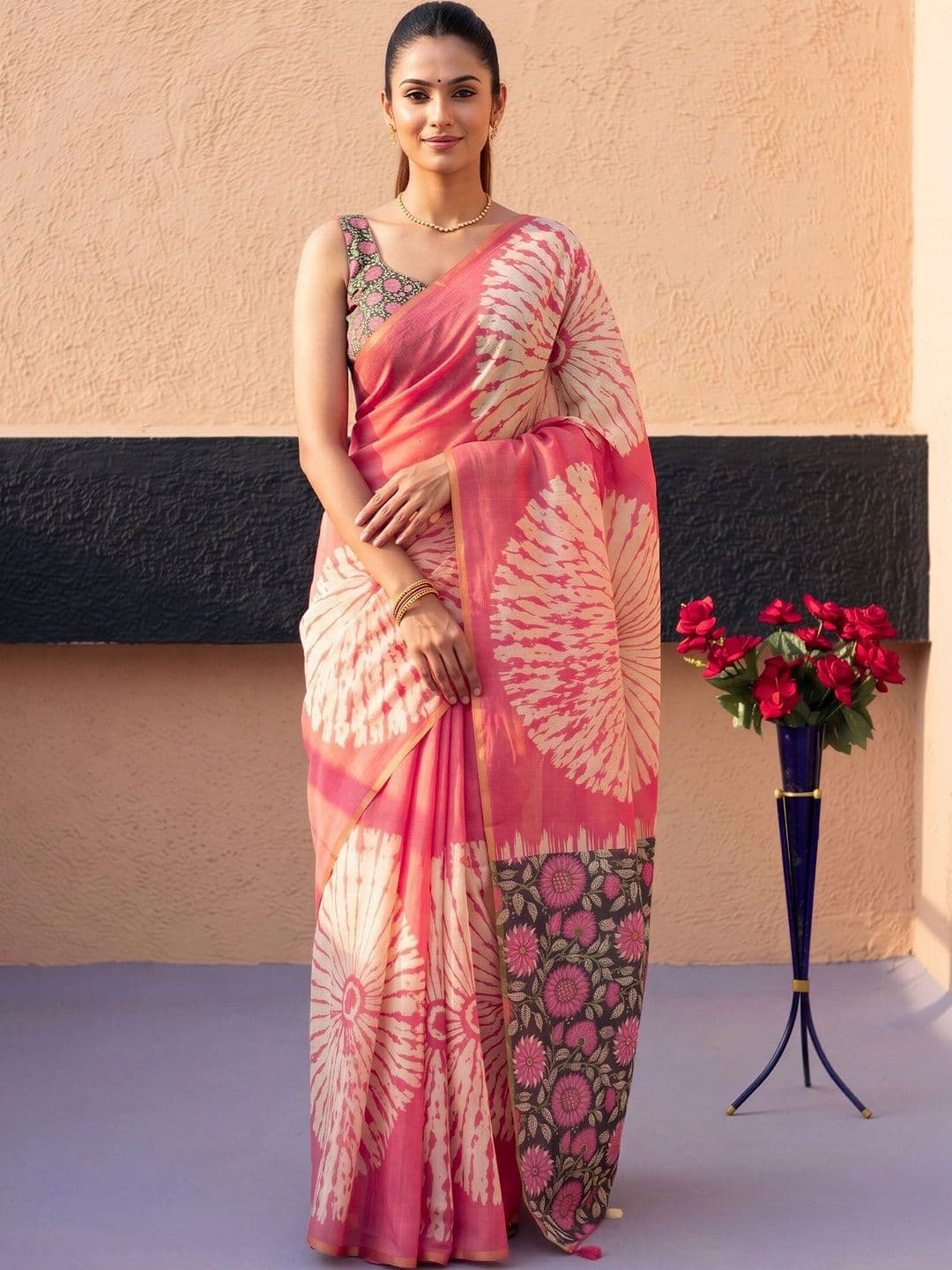 Sangria Tie and Dye Fusion Block Print Saree - view 1